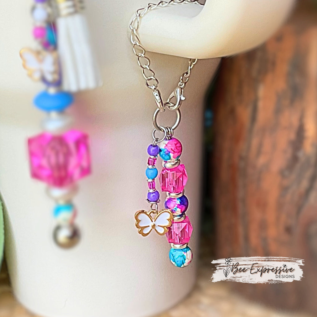 Matching set! Keychain & tumbler charm! Lobster or swivel clasp, silicone and acrylic beads, chunky octagon, beaded tassel, butterfly charm!