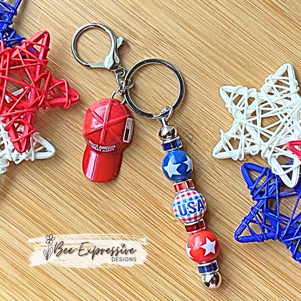 Handmade, TRUMP keychain! Metal hat ball cap, wood beads w/stars, lobster claw clasp, Make America Great Again, red white blue USA!