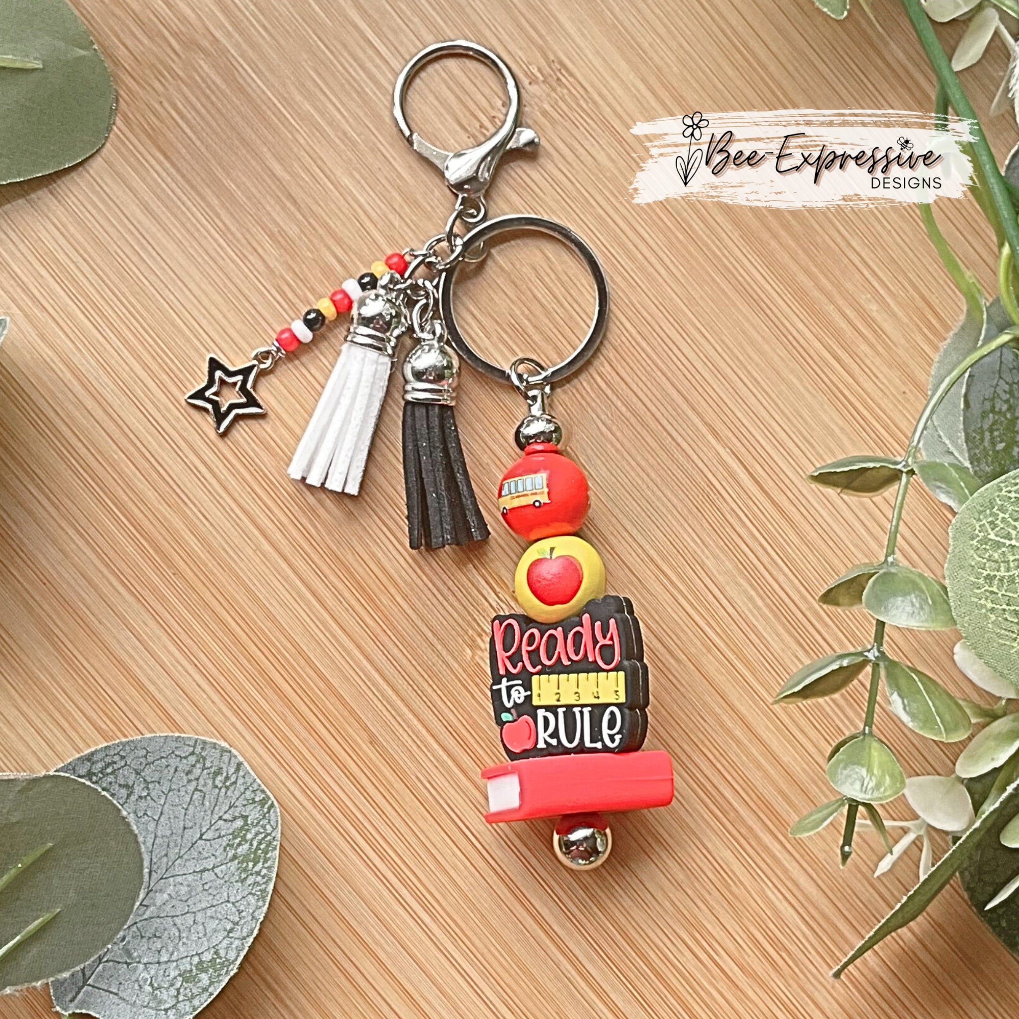Beaded, TEACHER Ready to Rule keychain! Lobster or swivel clasp, silicone book, wood printed school beads, beaded tassel with star charm!