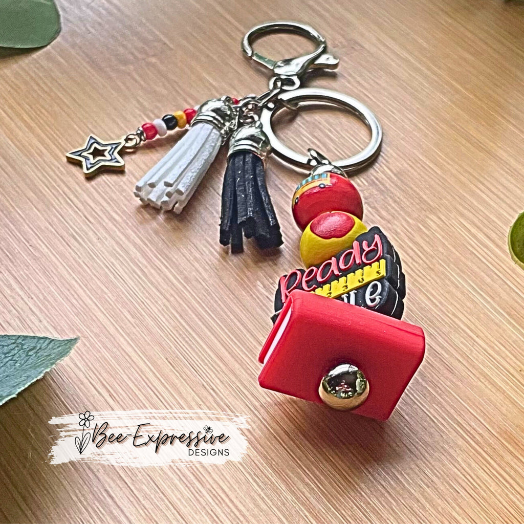 Beaded, TEACHER Ready to Rule keychain! Lobster or swivel clasp, silicone book, wood printed school beads, beaded tassel with star charm!