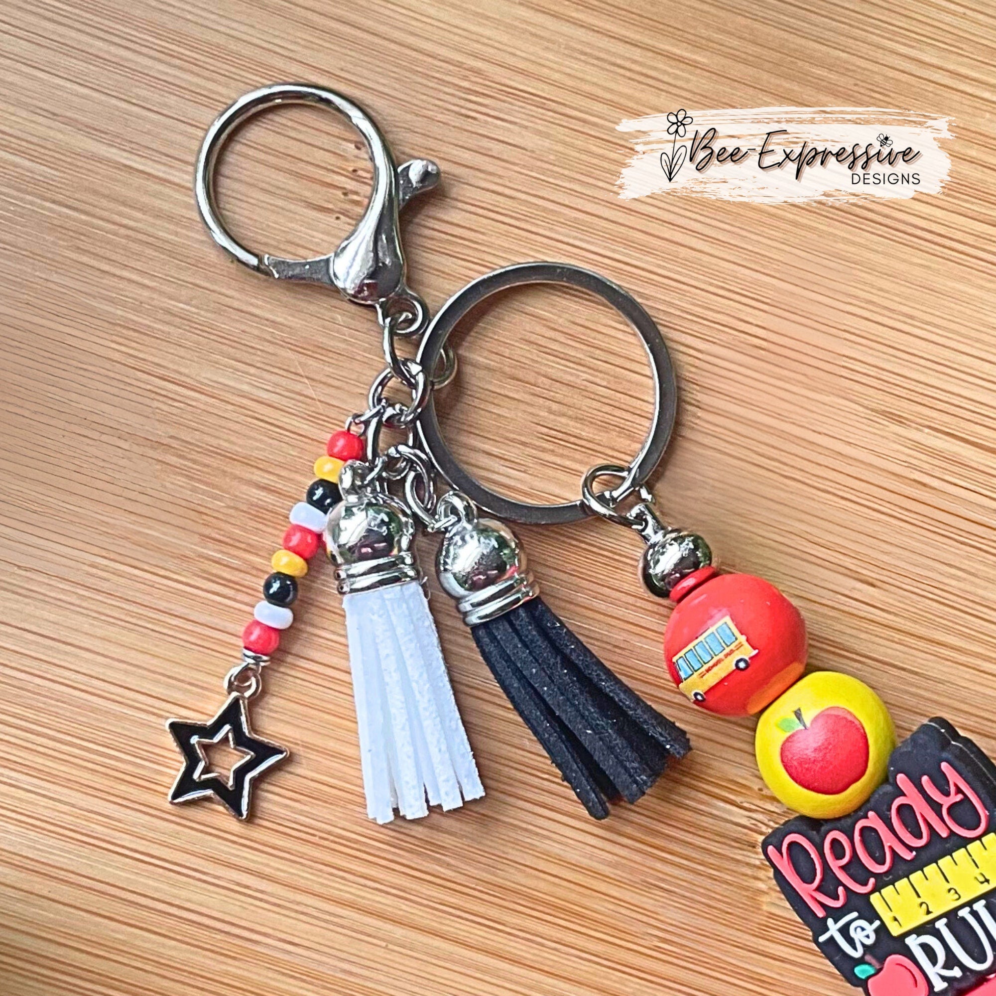Beaded, TEACHER Ready to Rule keychain! Lobster or swivel clasp, silicone book, wood printed school beads, beaded tassel with star charm!