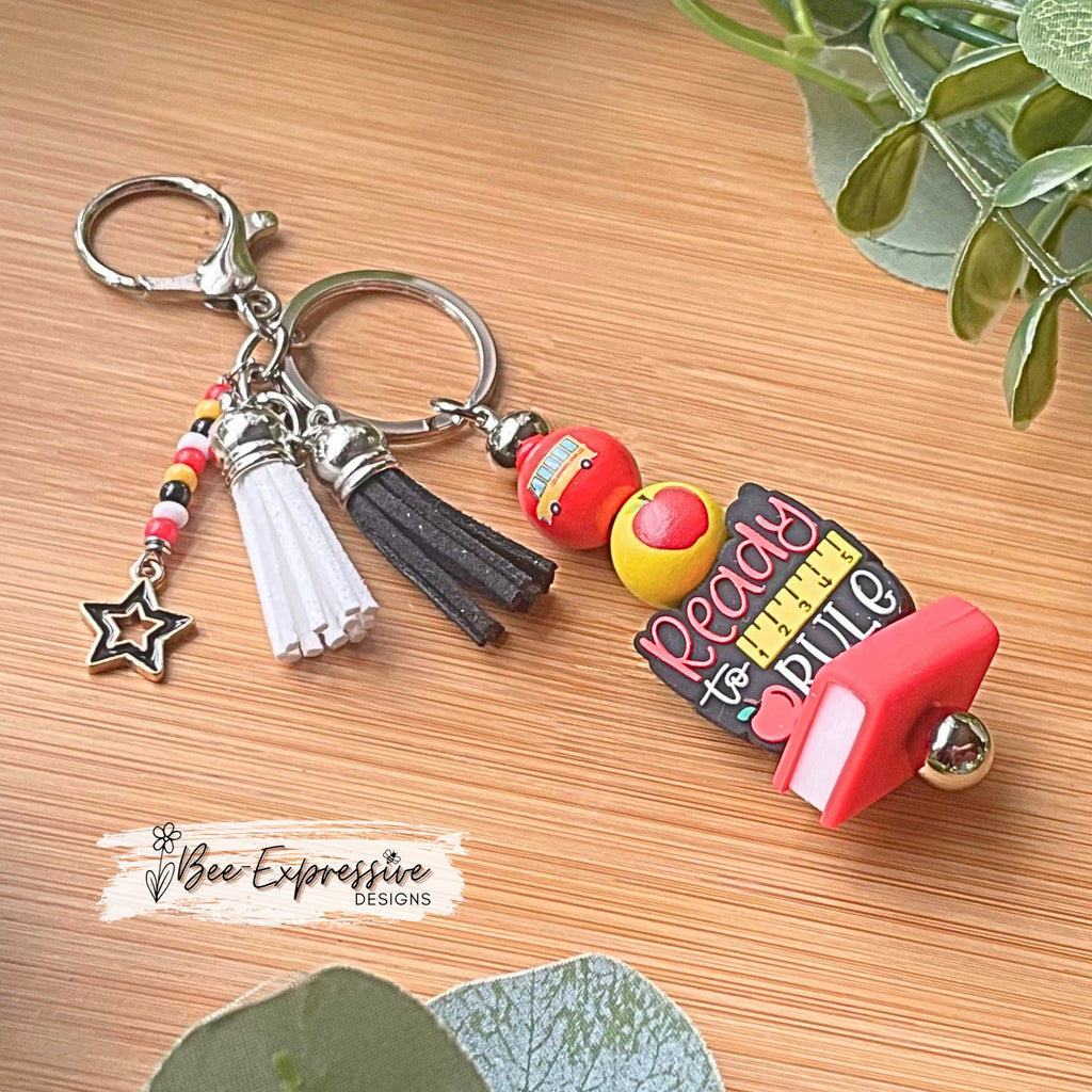 Beaded, TEACHER Ready to Rule keychain! Lobster or swivel clasp, silicone book, wood printed school beads, beaded tassel with star charm!