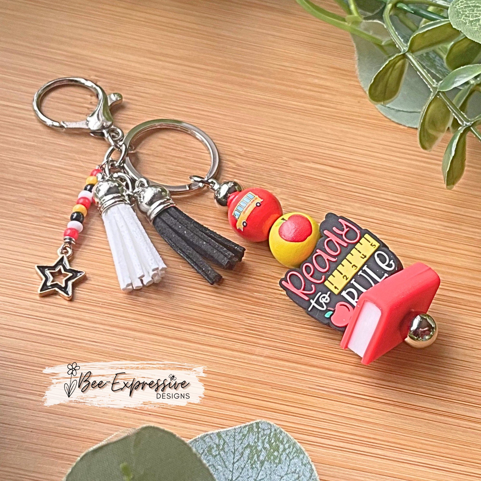 Beaded, TEACHER Ready to Rule keychain! Lobster or swivel clasp, silicone book, wood printed school beads, beaded tassel with star charm!