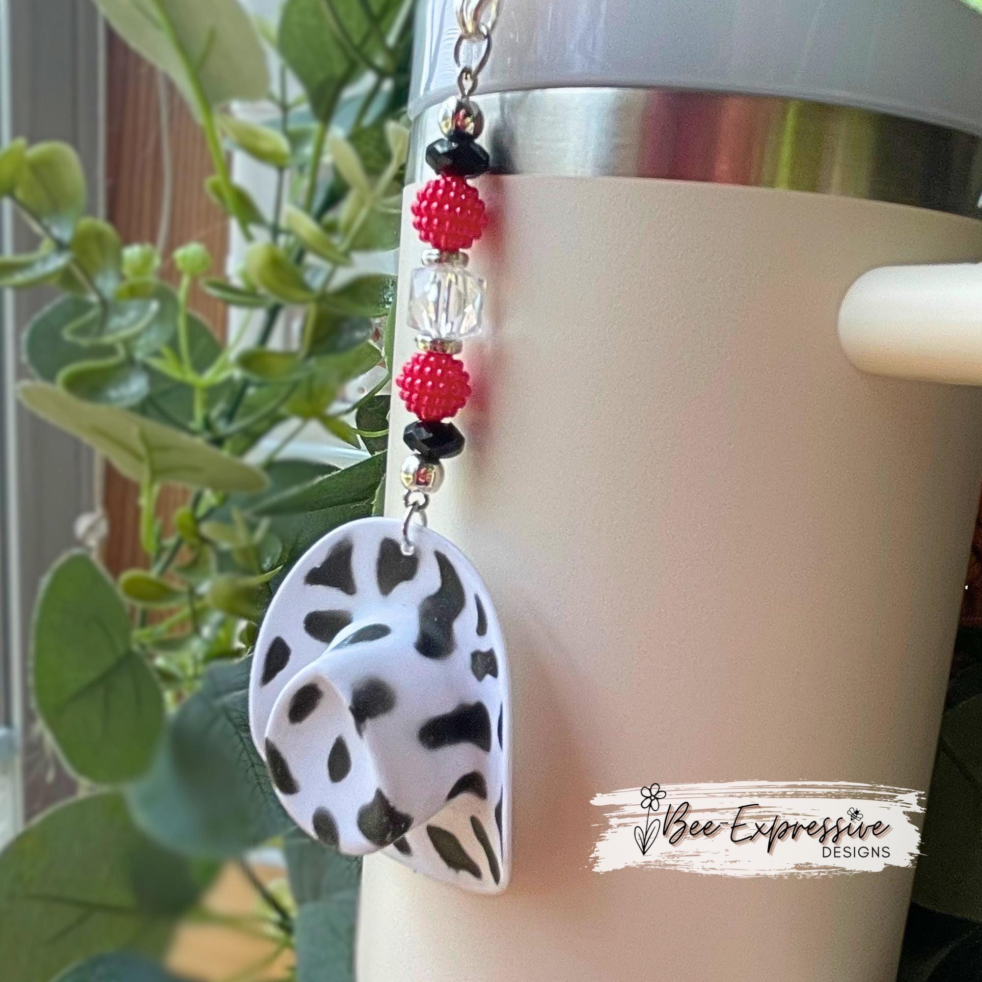 Handmade, beaded, tumbler straw charm chain for Stanley cups or rear view mirror! Bayberry beads, silver spacers, cowgirl hat, lobster claps