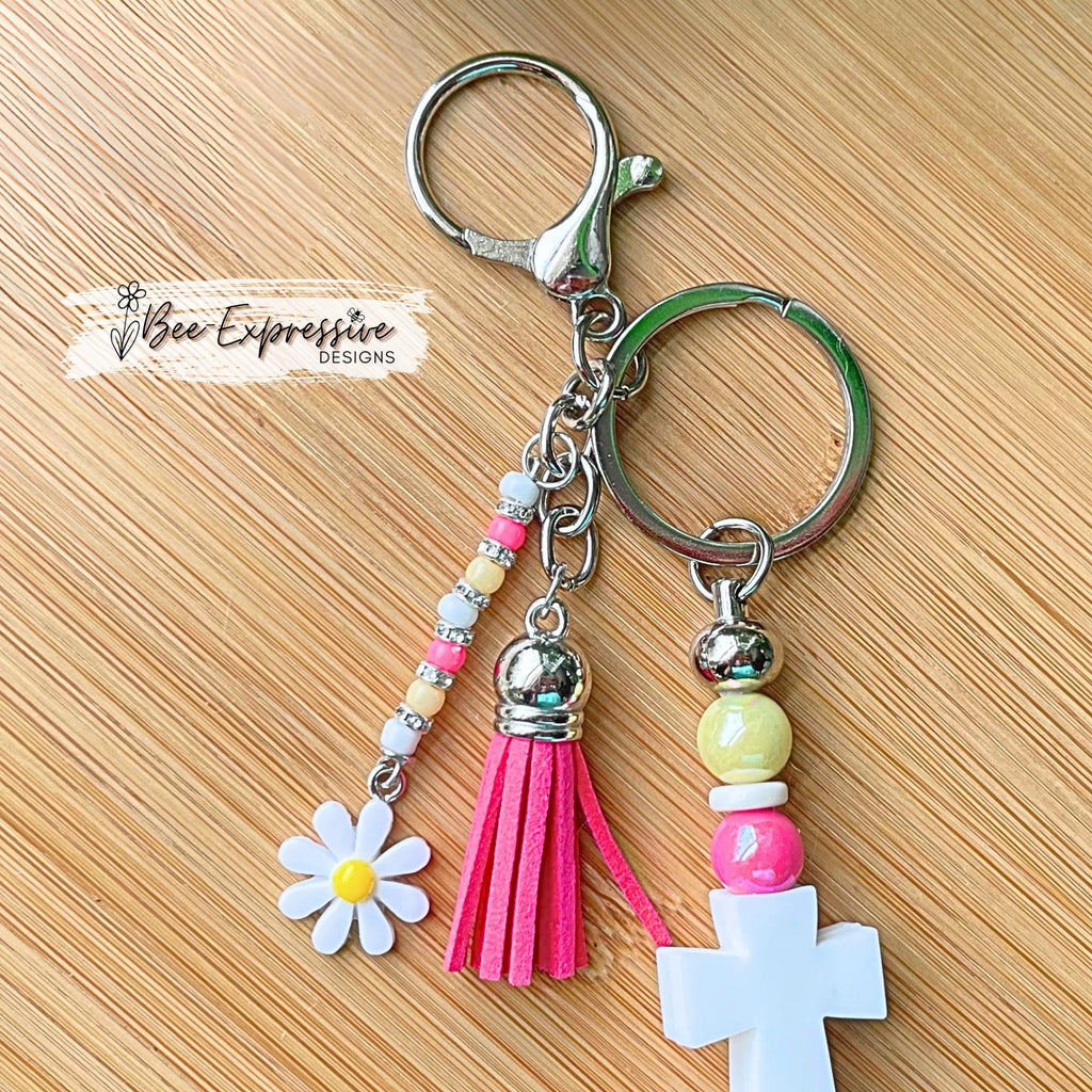 Handmade, beaded, CROSS keychain! Lobster or swivel clasp, keyring, acrylic beads, chunky rhinestone bead, beaded tassel, daisy flower charm