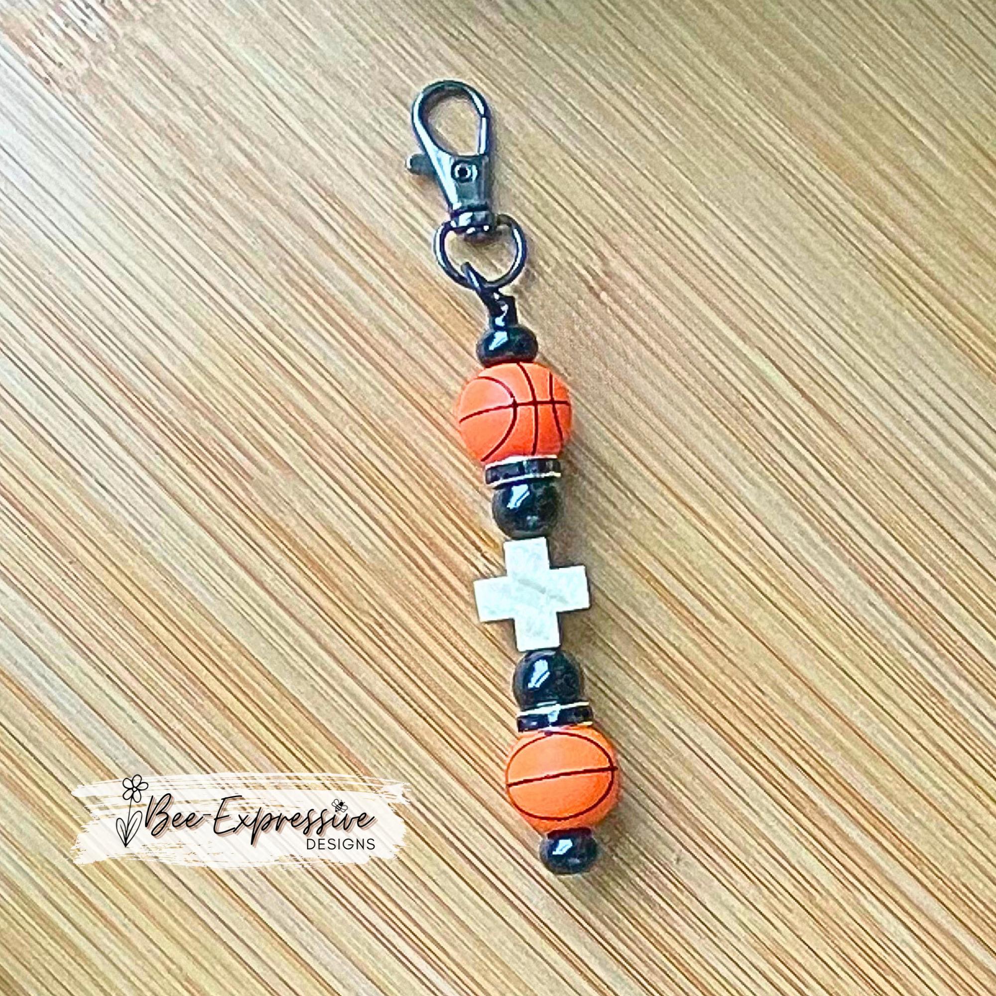 Handmade, silicone basketball, keychain!  Swivel clasp, metal bead bar, acrylic beads, rhinestones, wood cross bead!