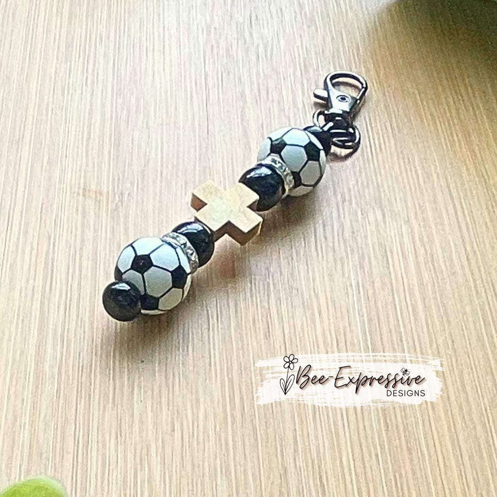 Handmade, silicone SOCCER keychain!  Swivel clasp, bead bar, soccer ball beads, wood cross bead, round acrylic beads, rhinestone spacers