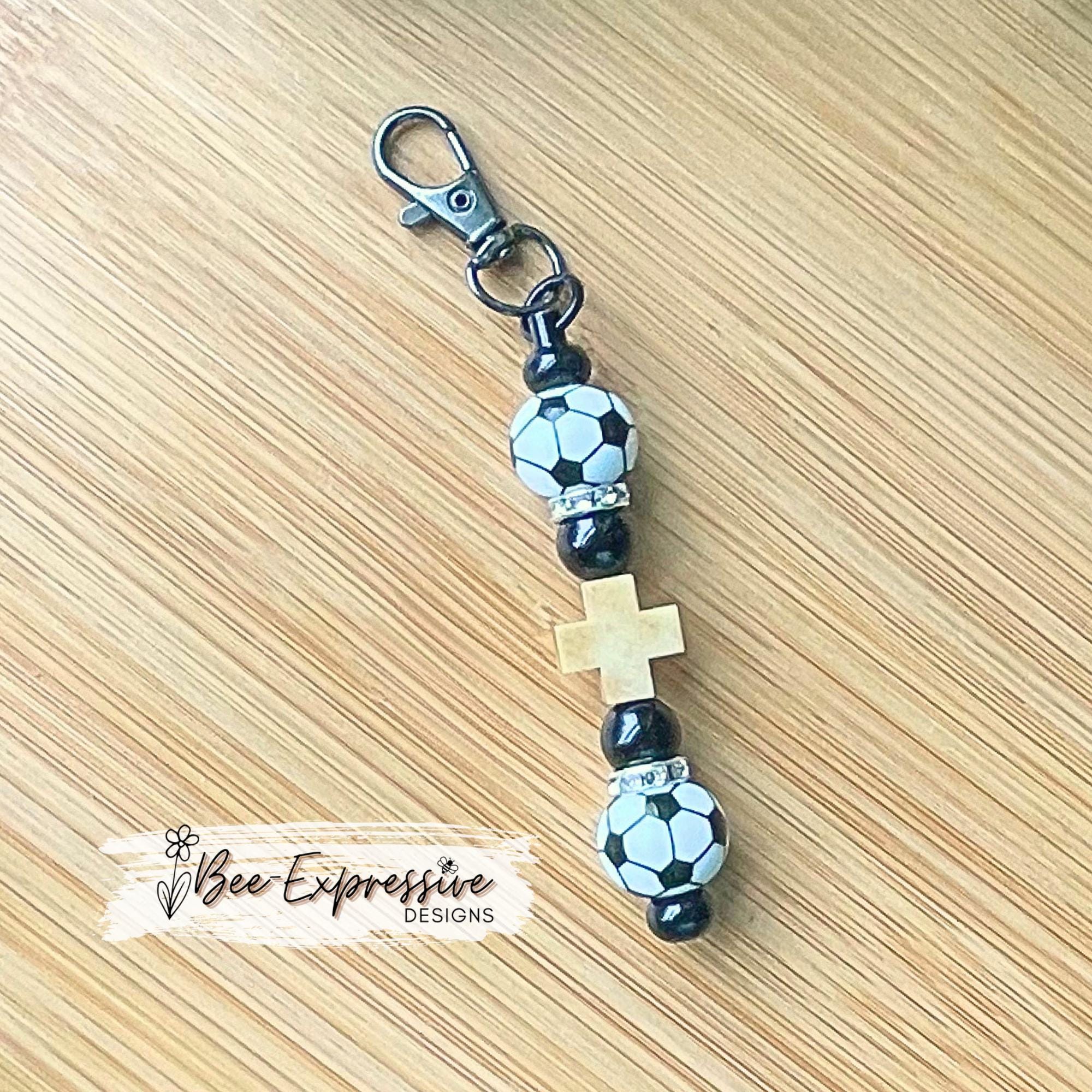 Handmade Soccer Ball Keychain: Silicone Beads, Wood Cross