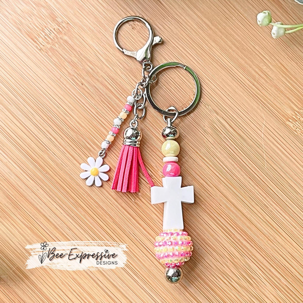 Handmade, beaded, CROSS keychain! Lobster or swivel clasp, keyring, acrylic beads, chunky rhinestone bead, beaded tassel, daisy flower charm