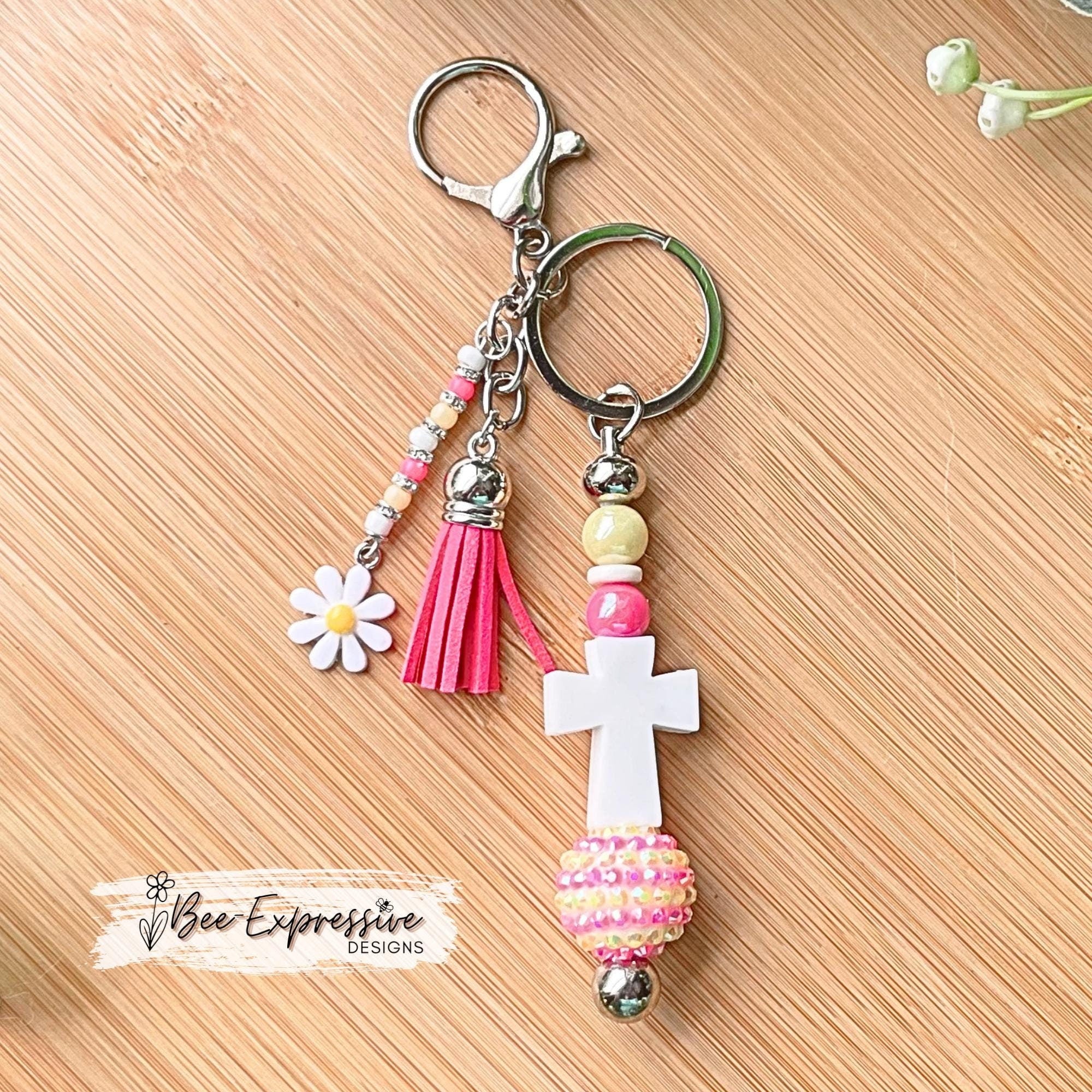 Handmade, beaded, CROSS keychain! Lobster or swivel clasp, keyring, acrylic beads, chunky rhinestone bead, beaded tassel, daisy flower charm