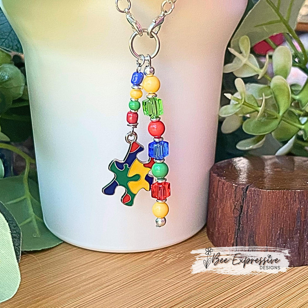 Handmade, AUTISM awareness tumbler charm chain for Stanley! Acrylic round & square beads, 5 different charm options, beaded tassel!