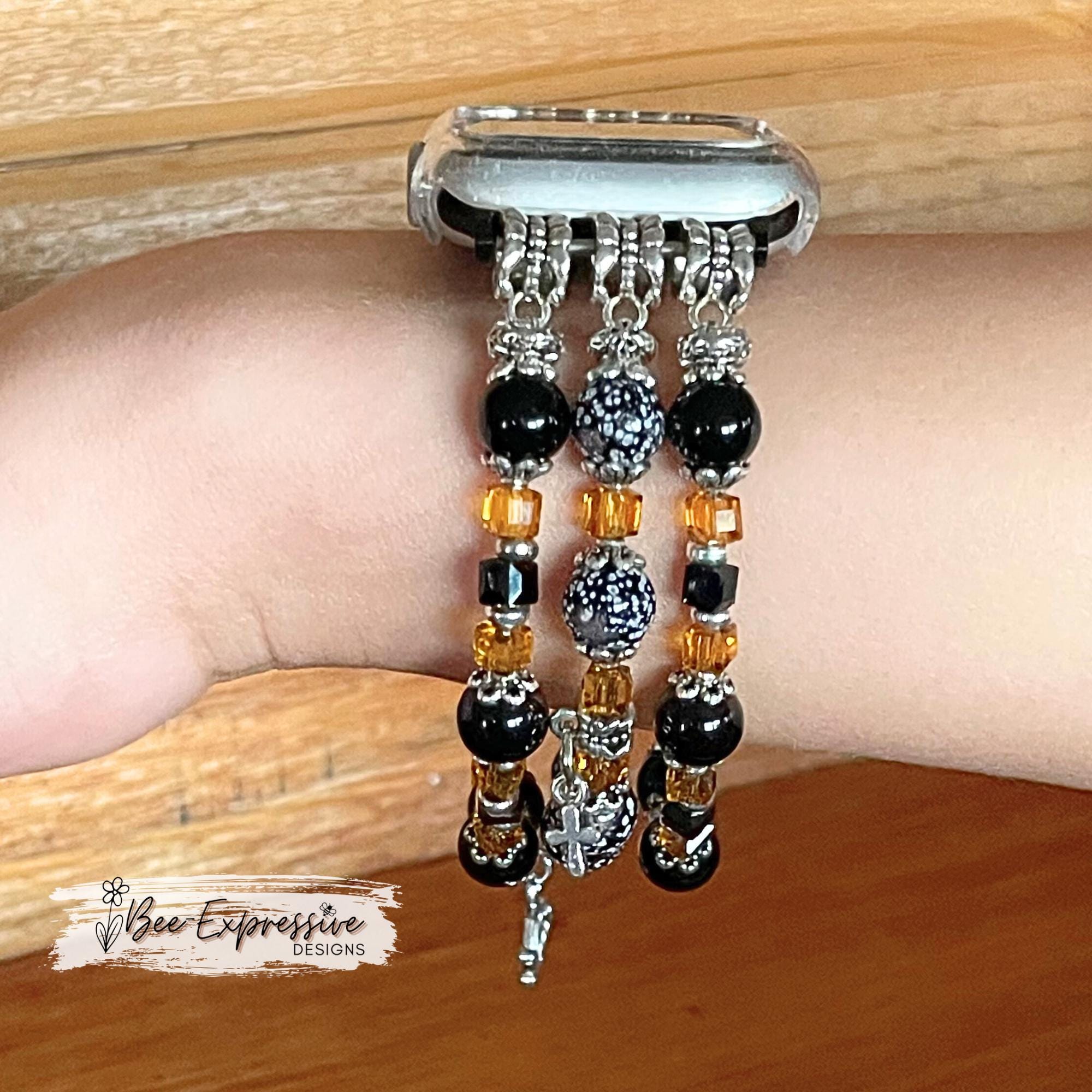 Handmade Beaded Watch Bracelet: Cross & LOVE Charms, Custom Size
