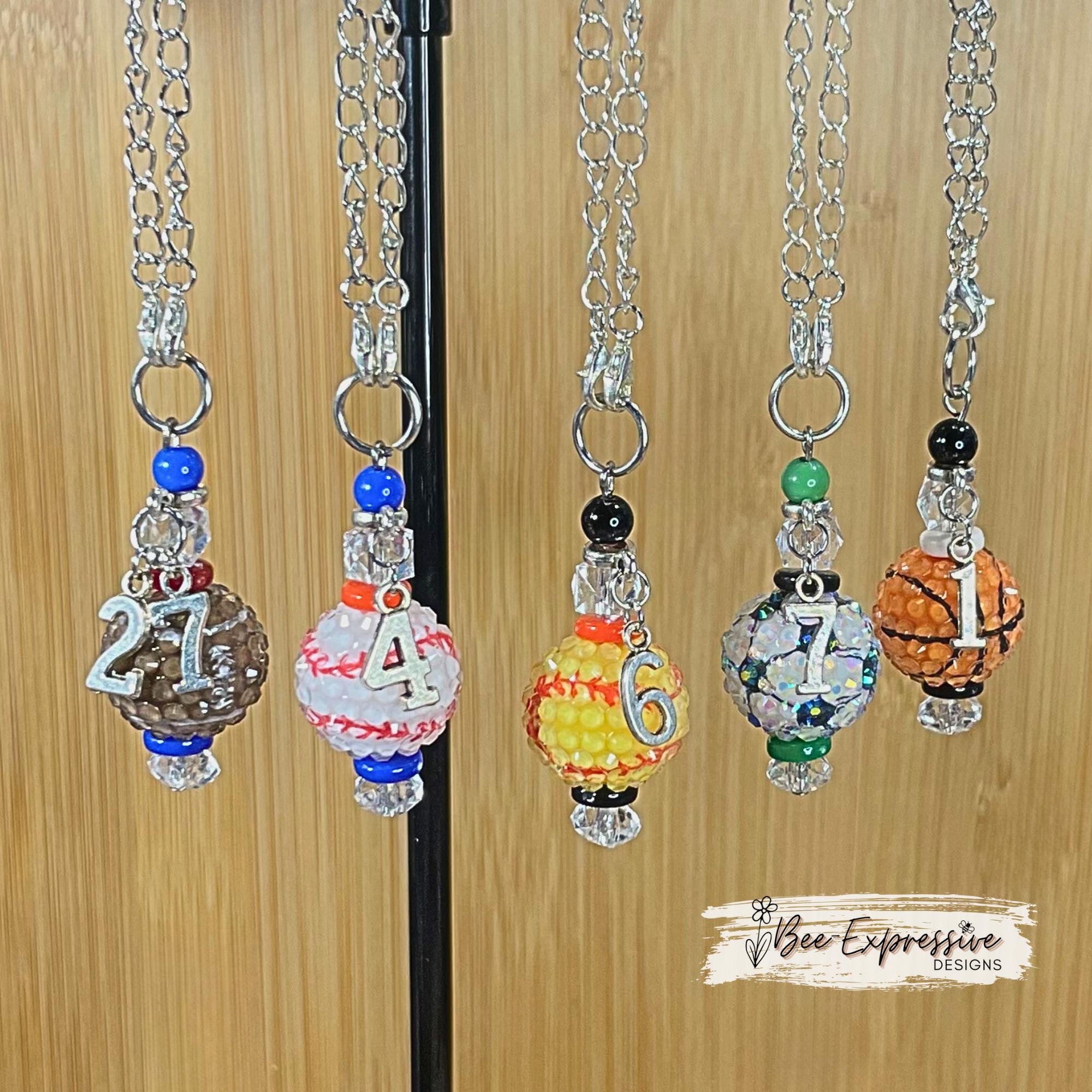 Tumbler, chunky beaded, charm chains! Choose 20mm rhinestone acrylic basketball, baseball, softball, soccer, or football & a jersey # charm!
