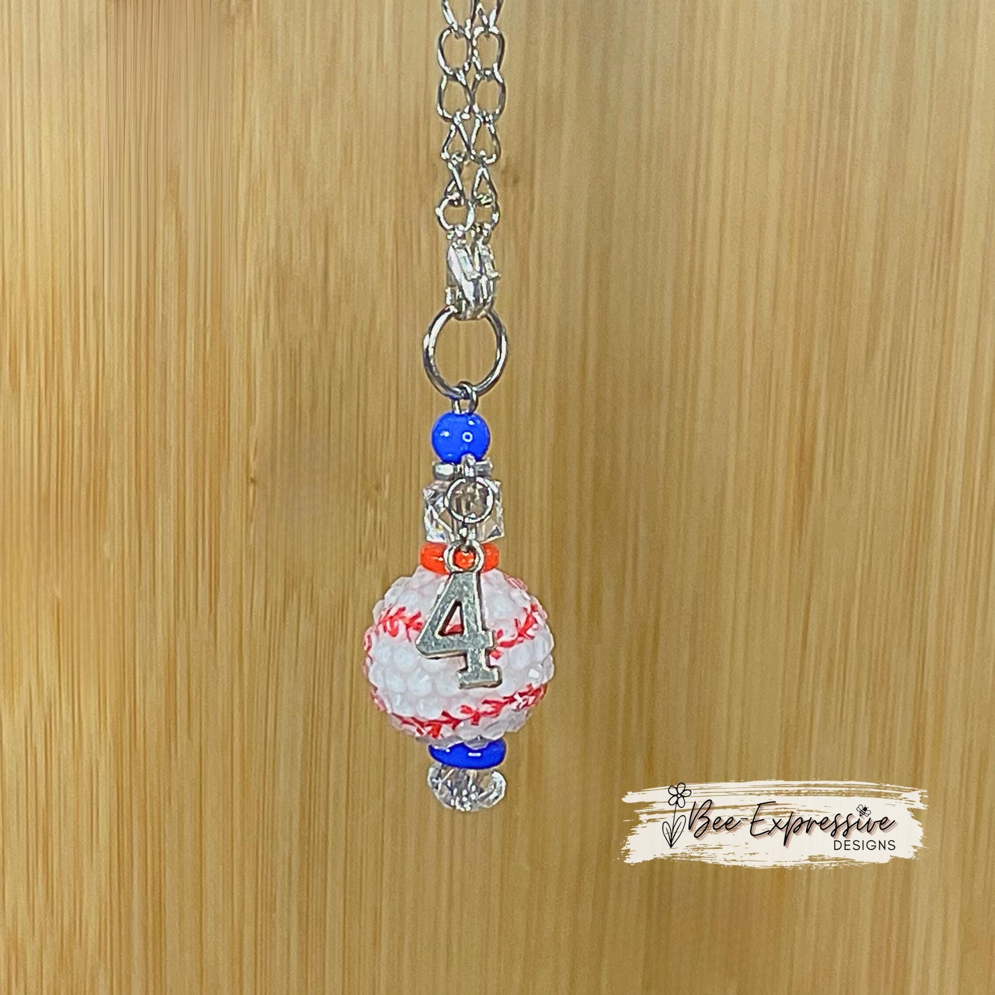 Tumbler, chunky beaded, charm chains! Choose 20mm rhinestone acrylic basketball, baseball, softball, soccer, or football & a jersey # charm!