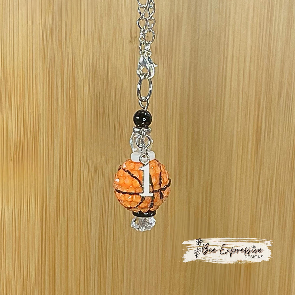 Tumbler, chunky beaded, charm chains! Choose 20mm rhinestone acrylic basketball, baseball, softball, soccer, or football & a jersey # charm!