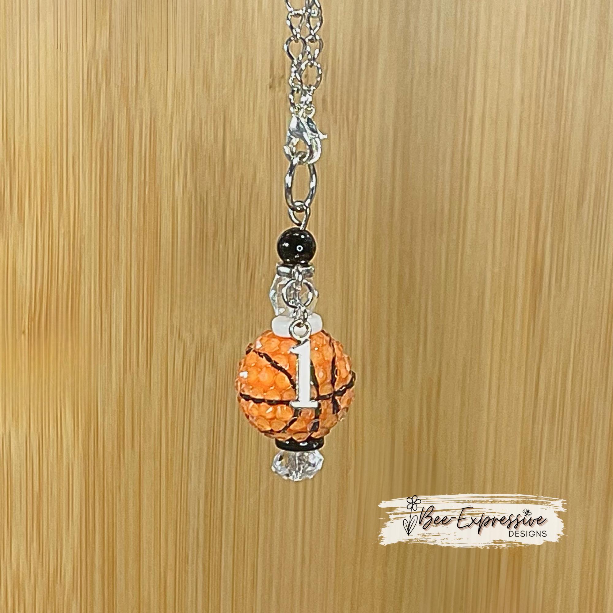 Tumbler, chunky beaded, charm chains! Choose 20mm rhinestone acrylic basketball, baseball, softball, soccer, or football & a jersey # charm!