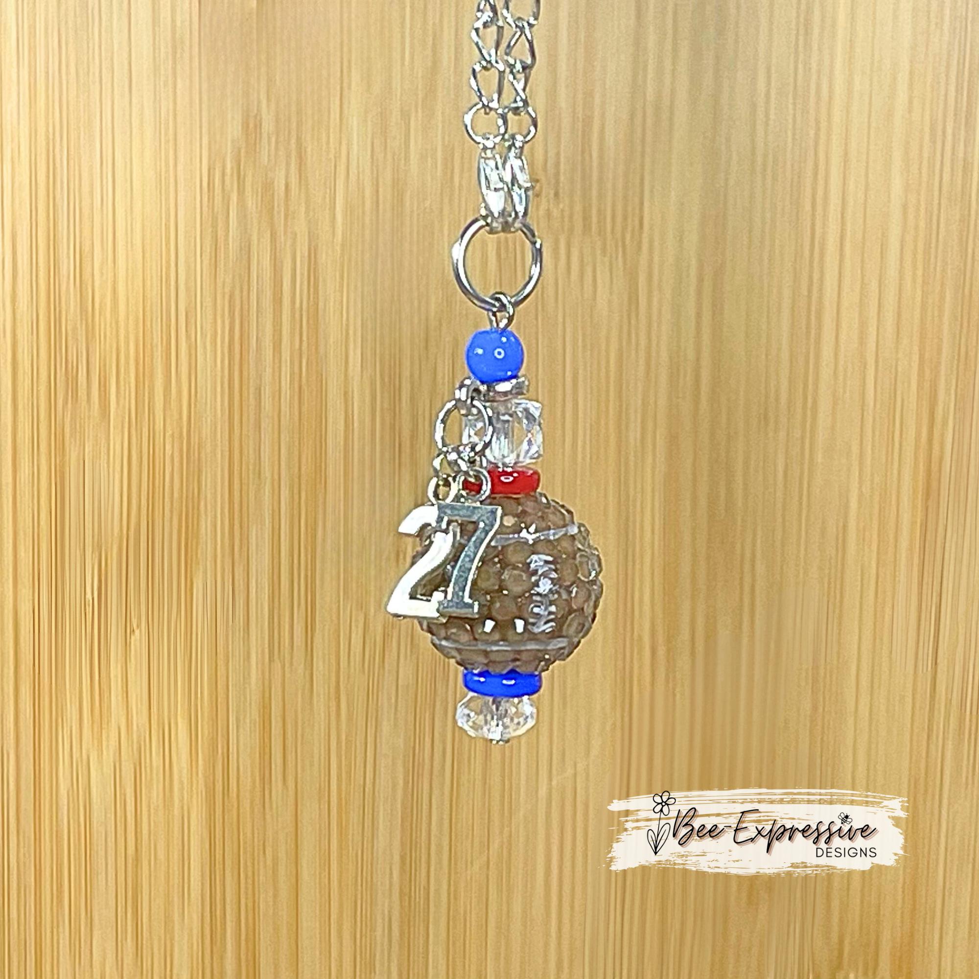 Tumbler, chunky beaded, charm chains! Choose 20mm rhinestone acrylic basketball, baseball, softball, soccer, or football & a jersey # charm!