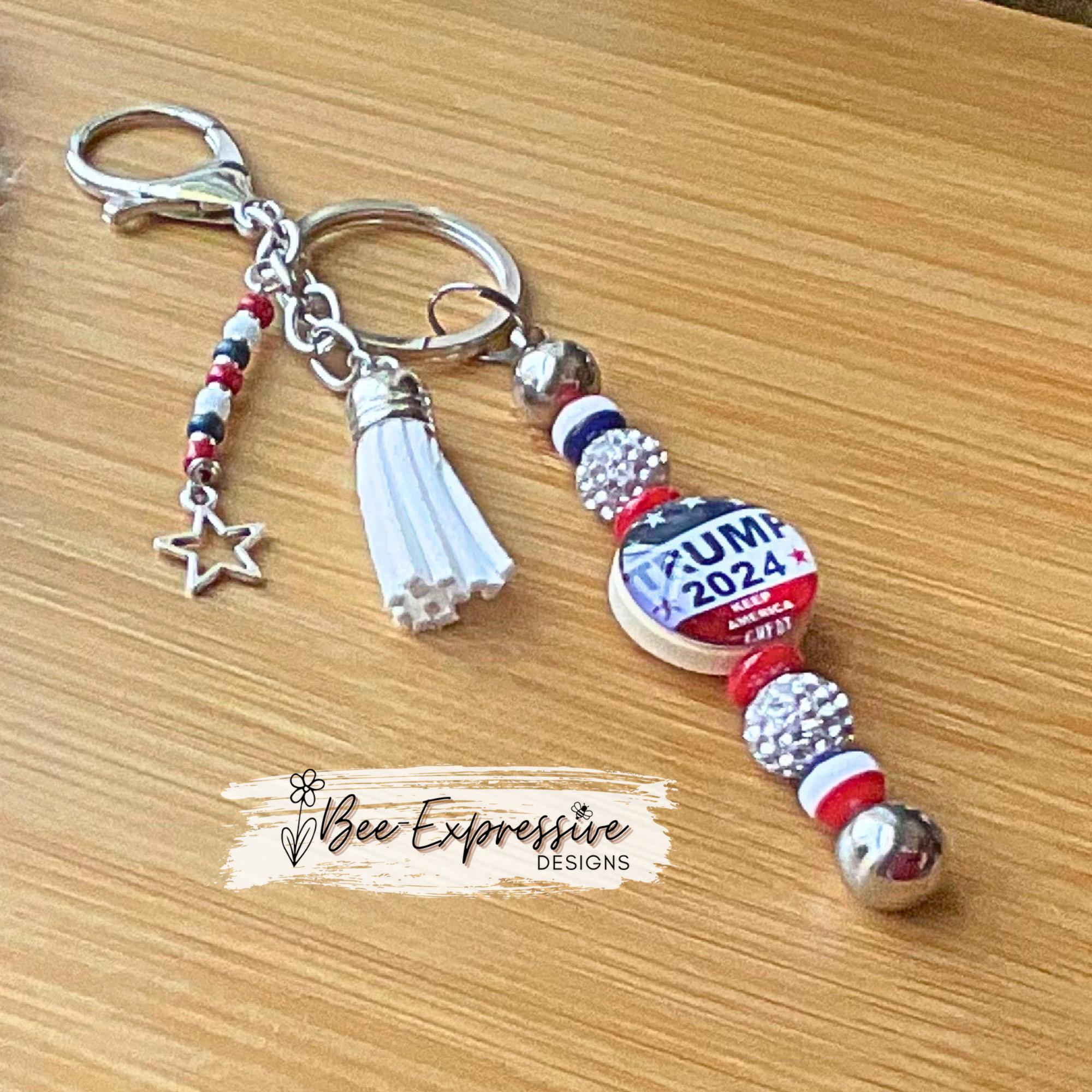 Handmade, unique, 2024 keychain! Lobster or swivel clasp, keyring, red white blue beads, rhinestones, cabochon, tassel, STAR charm!