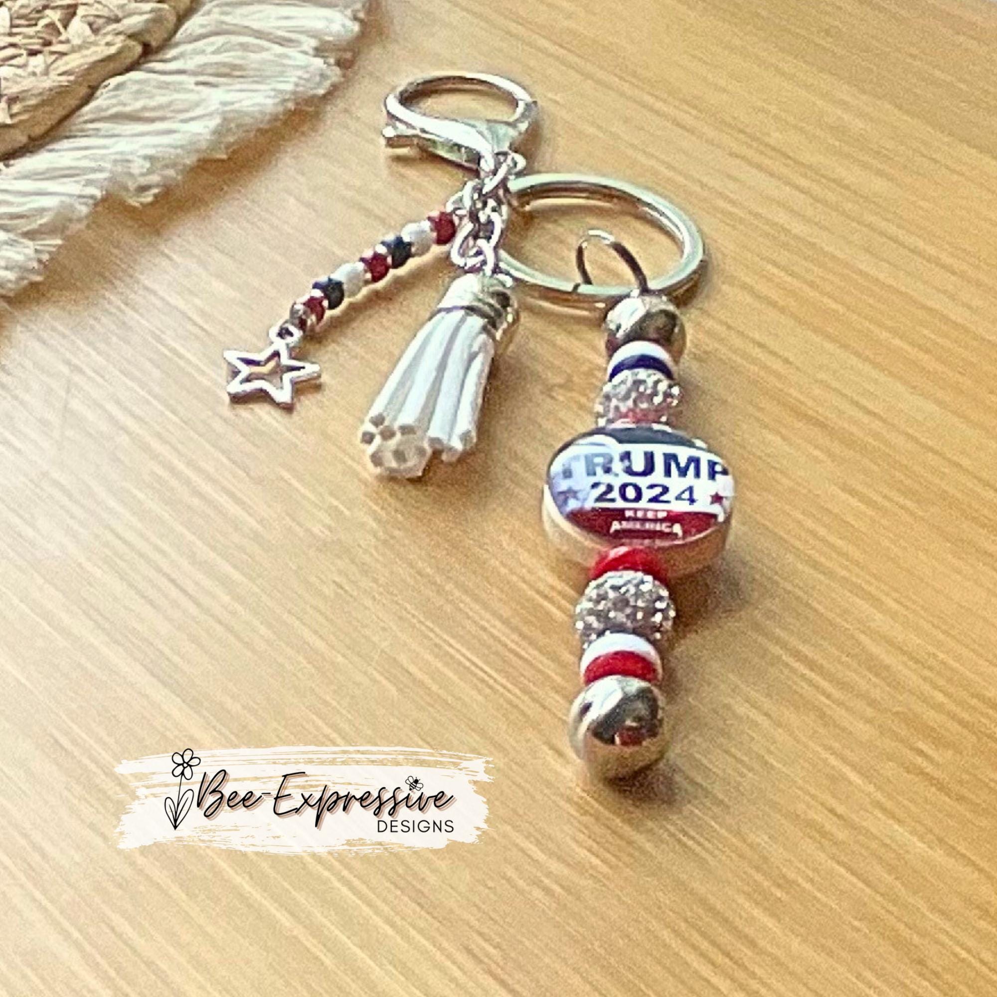 Handmade, unique, 2024 keychain! Lobster or swivel clasp, keyring, red white blue beads, rhinestones, cabochon, tassel, STAR charm!