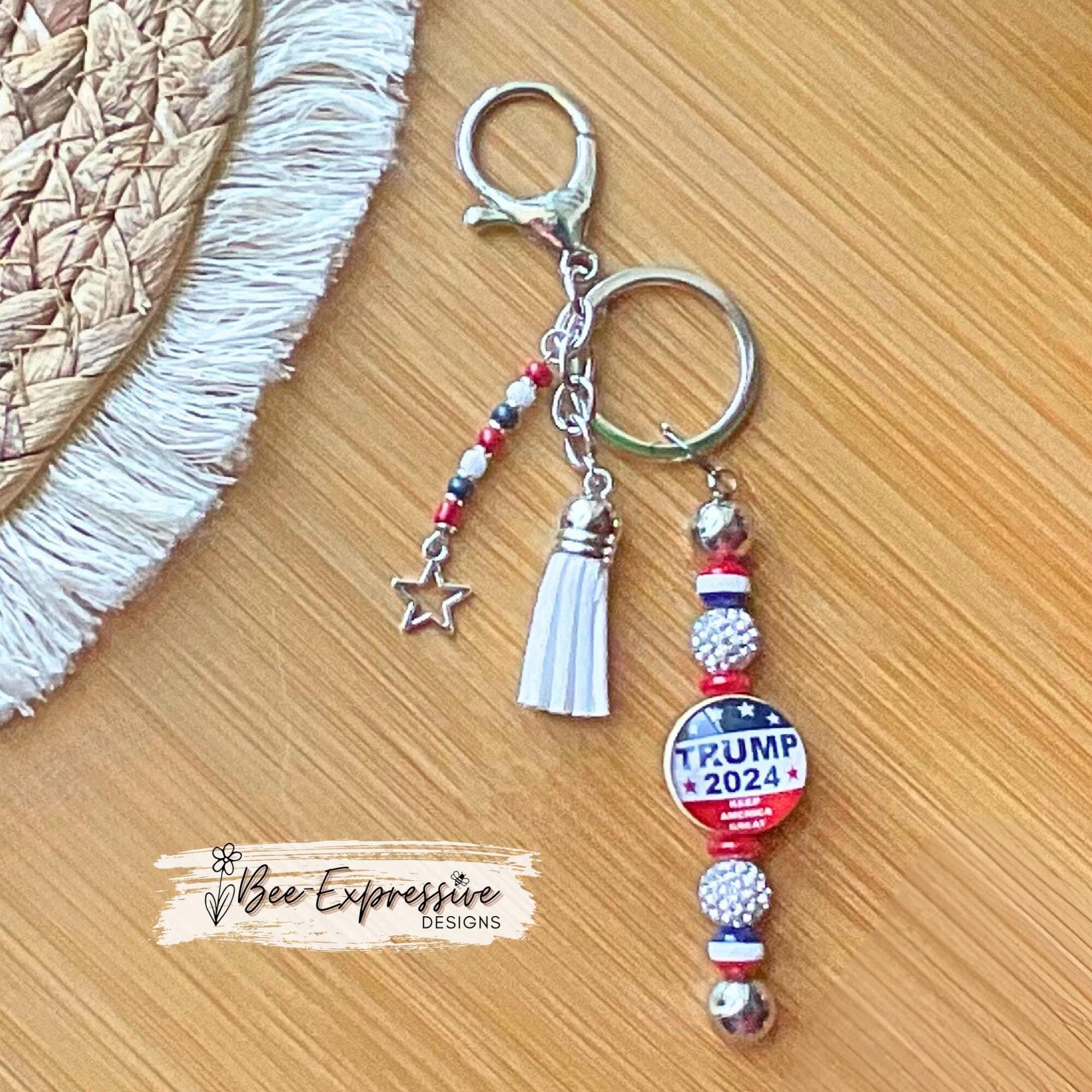 Handmade, unique, 2024 keychain! Lobster or swivel clasp, keyring, red white blue beads, rhinestones, cabochon, tassel, STAR charm!