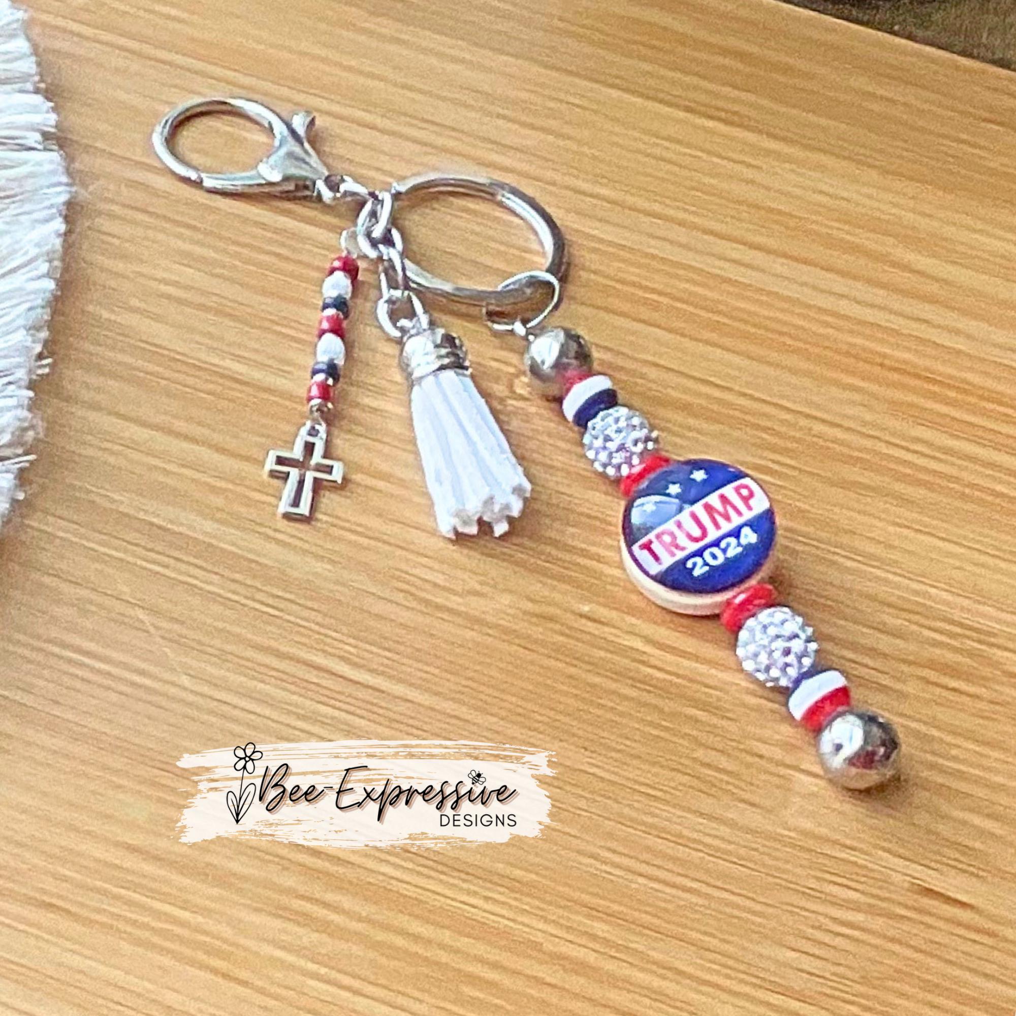 Handmade, unique, 2024 keychain! Lobster or swivel clasp, keyring, red white blue beads, rhinestones, cabochon, tassel, CROSS charm!