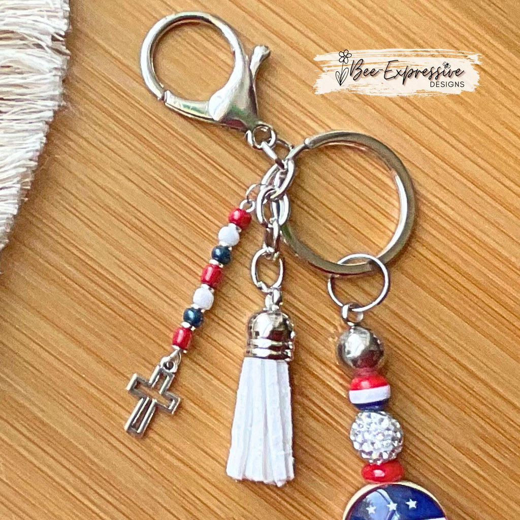 Handmade, unique, 2024 keychain! Lobster or swivel clasp, keyring, red white blue beads, rhinestones, cabochon, tassel, CROSS charm!
