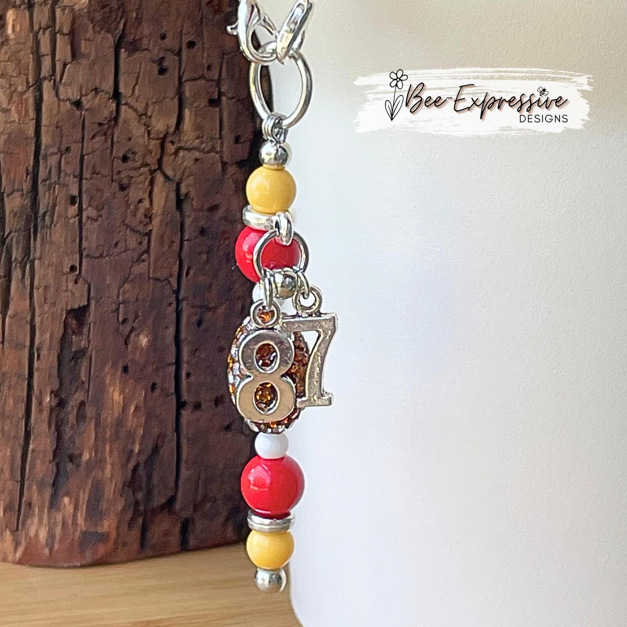 Handmade and unique, FOOTBALL beaded charm chain! Rhinestone football bead, acrylic beads, spacers! Custom jersey number! Choose team colors