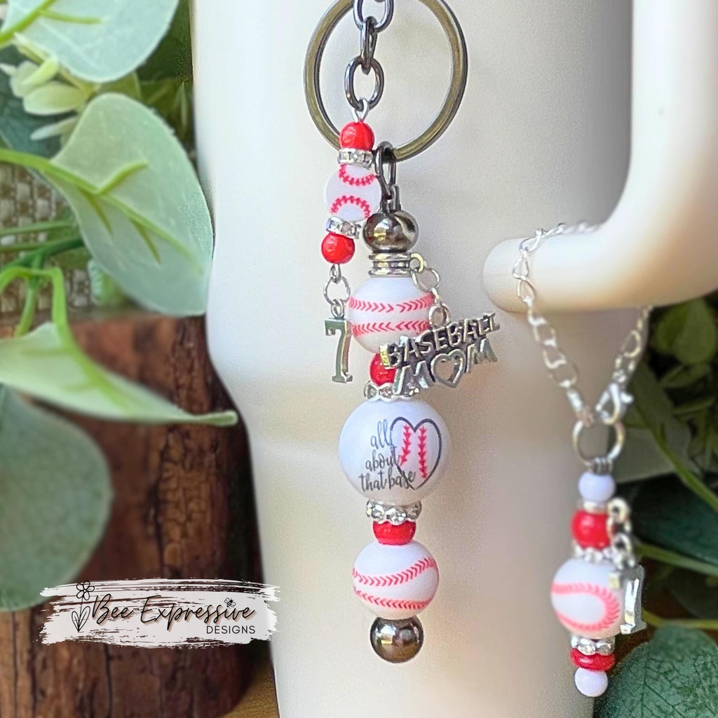 Custom, BASEBALL MOM keychain, tumbler chain, set! Lobster or swivel clasp, silicone baseball, acrylic beads, chunky, custom jersey # charm