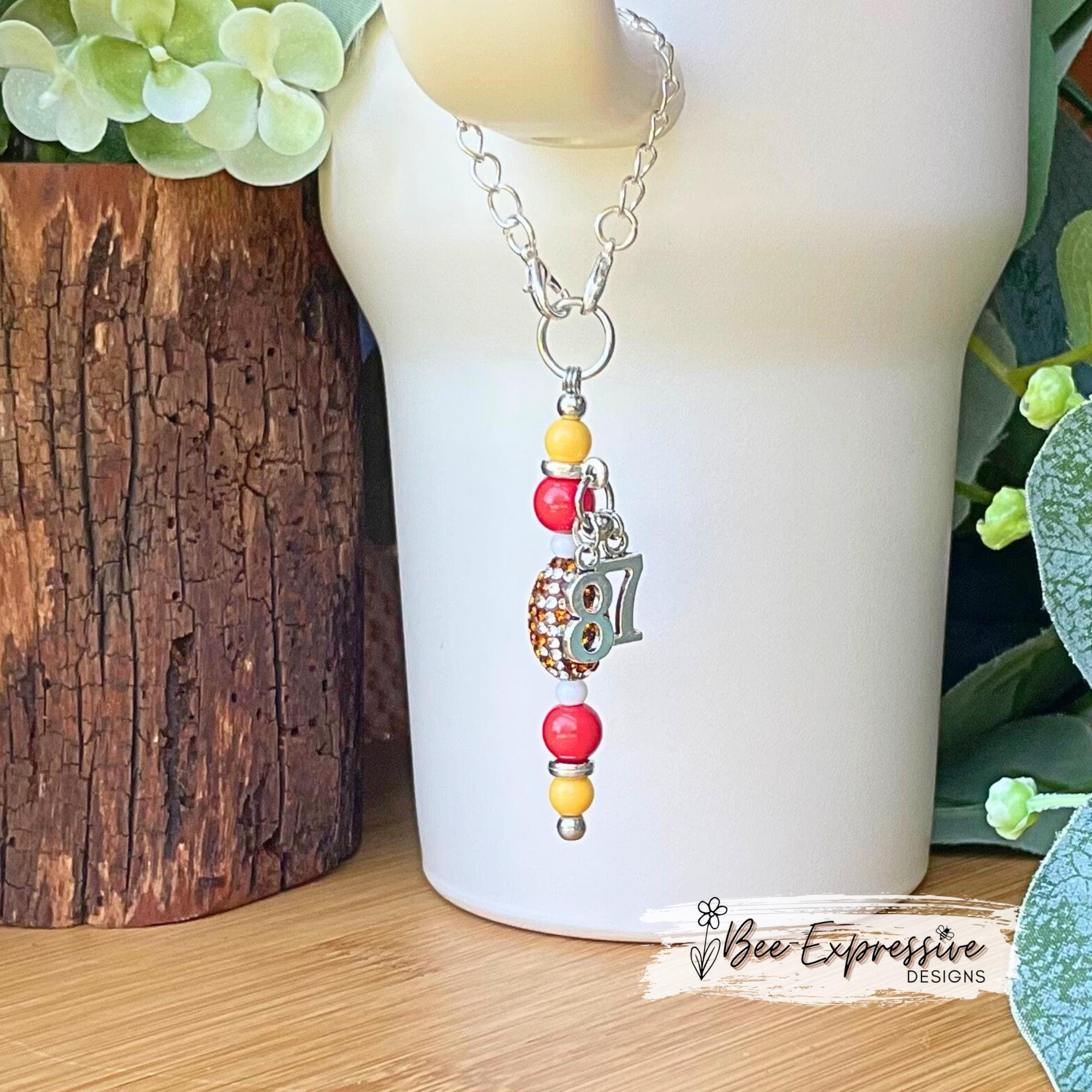 Football Beaded Tumbler Charm: Rhinestone Football, Custom Jersey Number