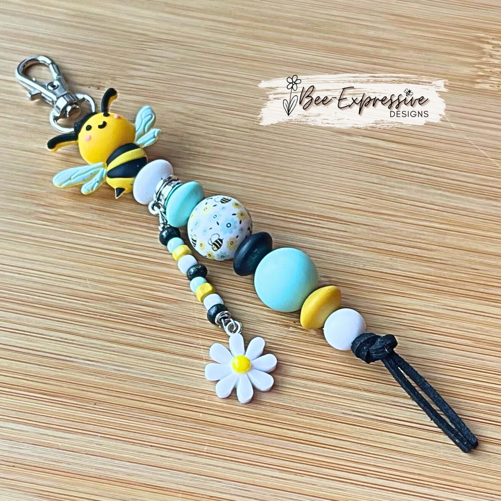 Adorable, handmade 3D BUMBLEBEE keychain or bag chain! Swivel clasp, suede cord, bail tube, silicone, lentils, beaded tassel, daisy charm!