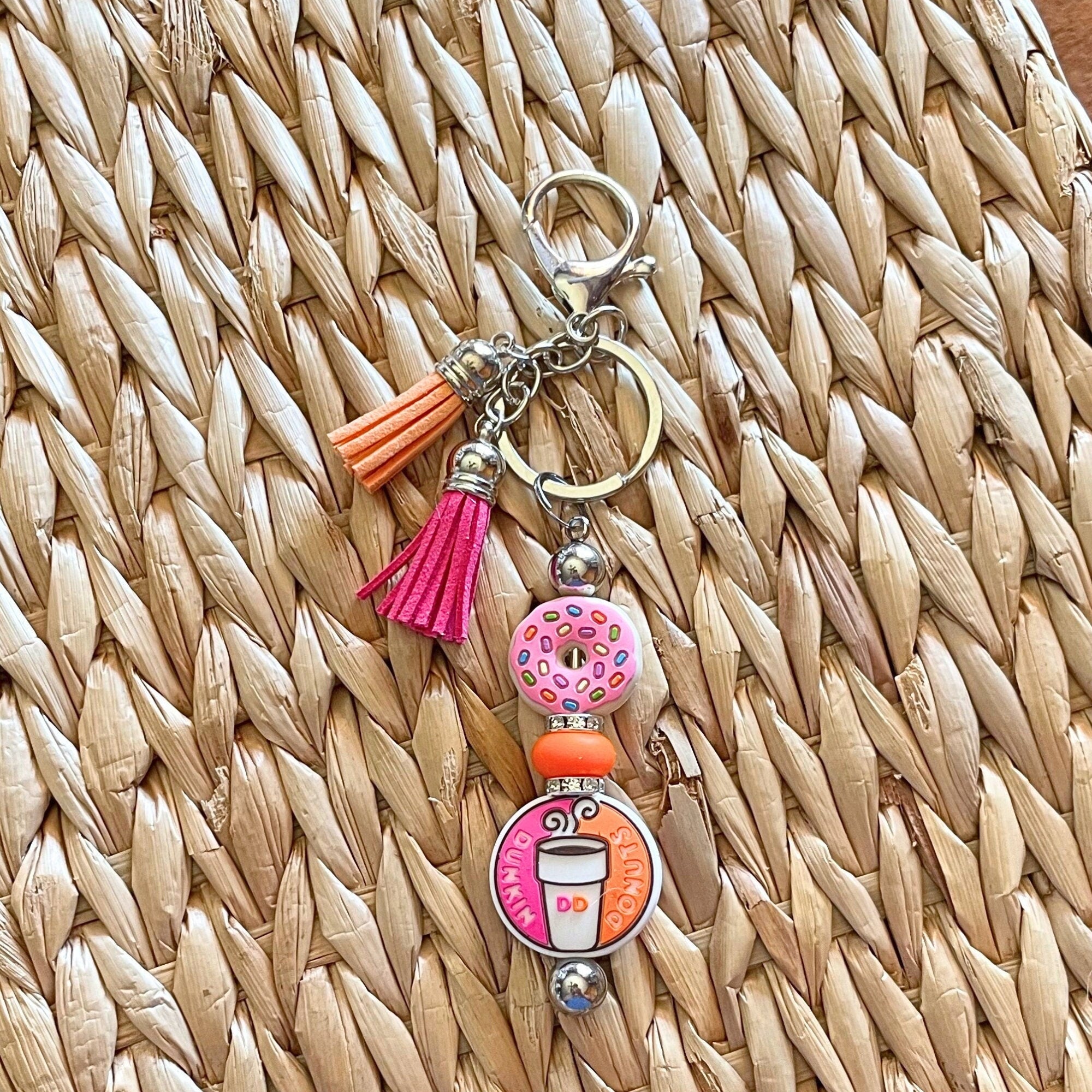Handmade Donut Keychain: Silicone Bead, Rhinestone Spacers, Tassel