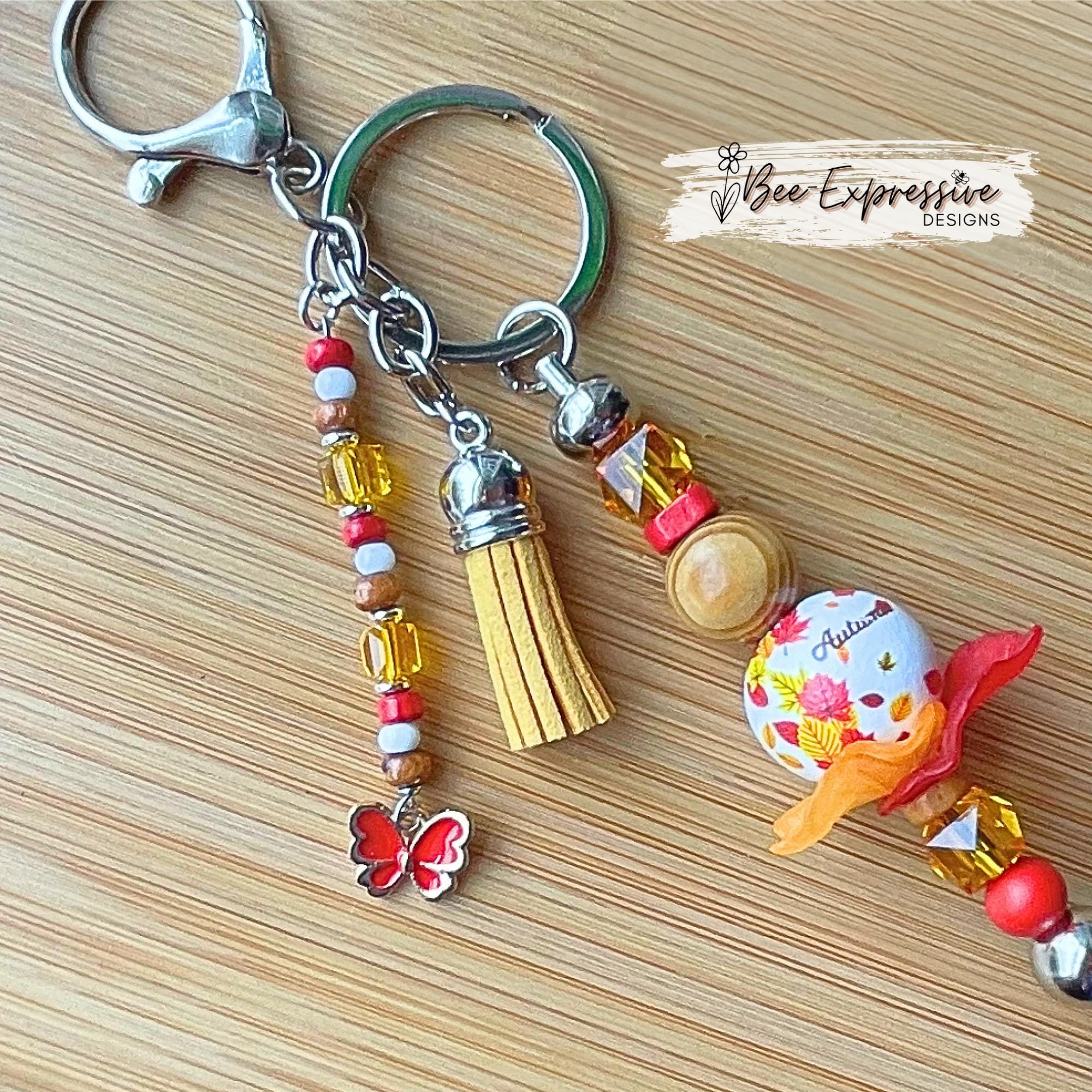 Handmade, AUTUMN fall keychain, bag chain! Swivel or lobster clasp, acrylic & wood beads, beaded tassel, butterfly charm, acrylic leaves