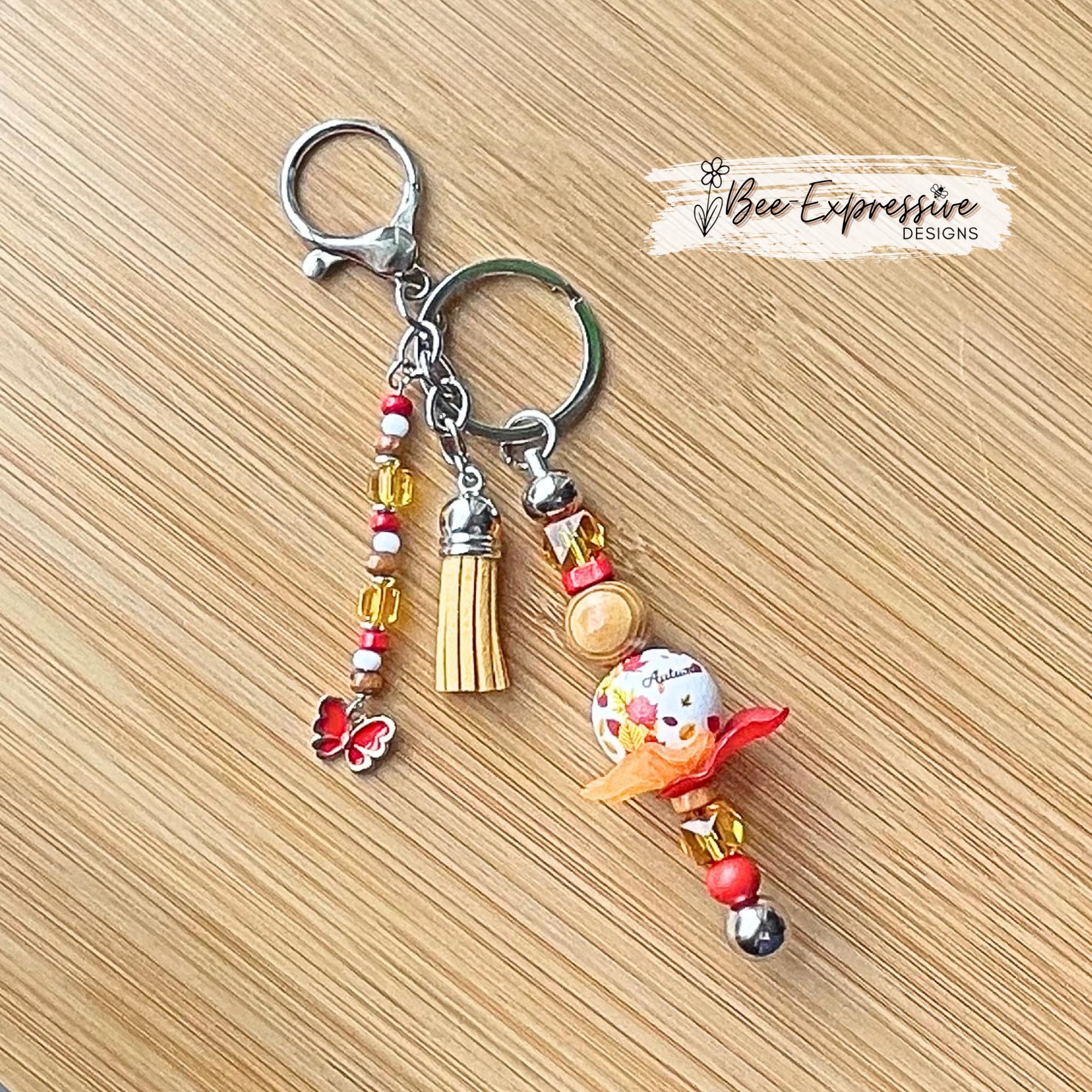 Handmade, AUTUMN fall keychain, bag chain! Swivel or lobster clasp, acrylic & wood beads, beaded tassel, butterfly charm, acrylic leaves
