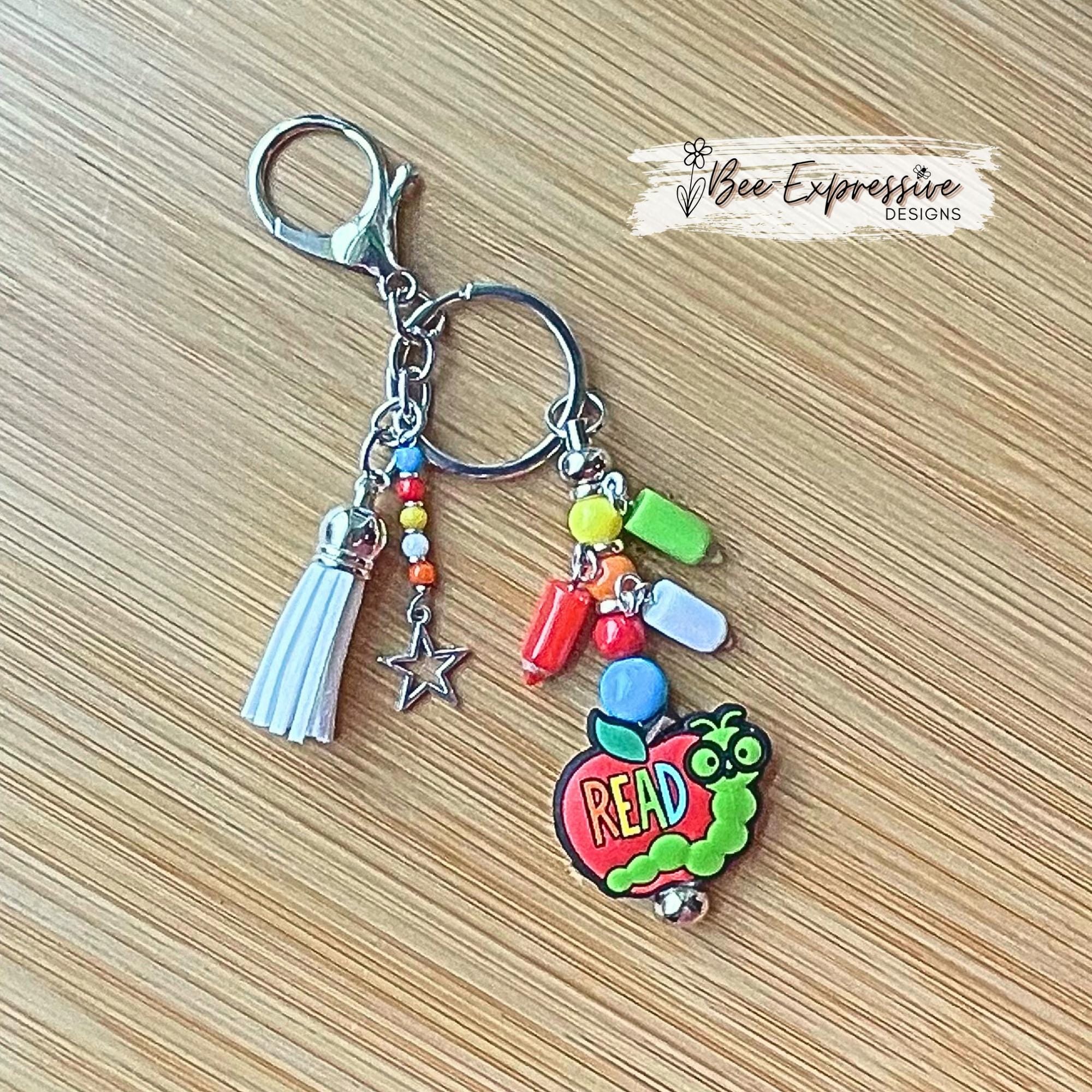 Bookworm Teacher Keychain: Acrylic Pencil Charms & Beaded Tassel