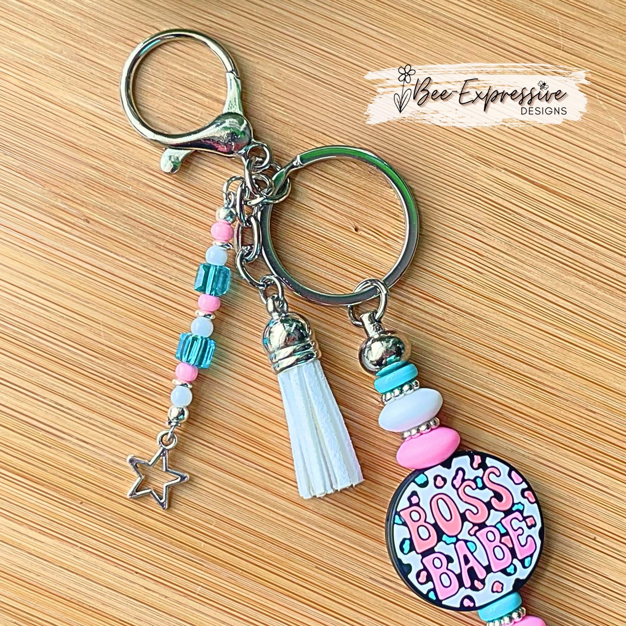Handmade, unique, BOSS BABE keychain! Lobster claw clasp, focal bead, silicone lentil beads, spacers, beaded acrylic tassel with star charm