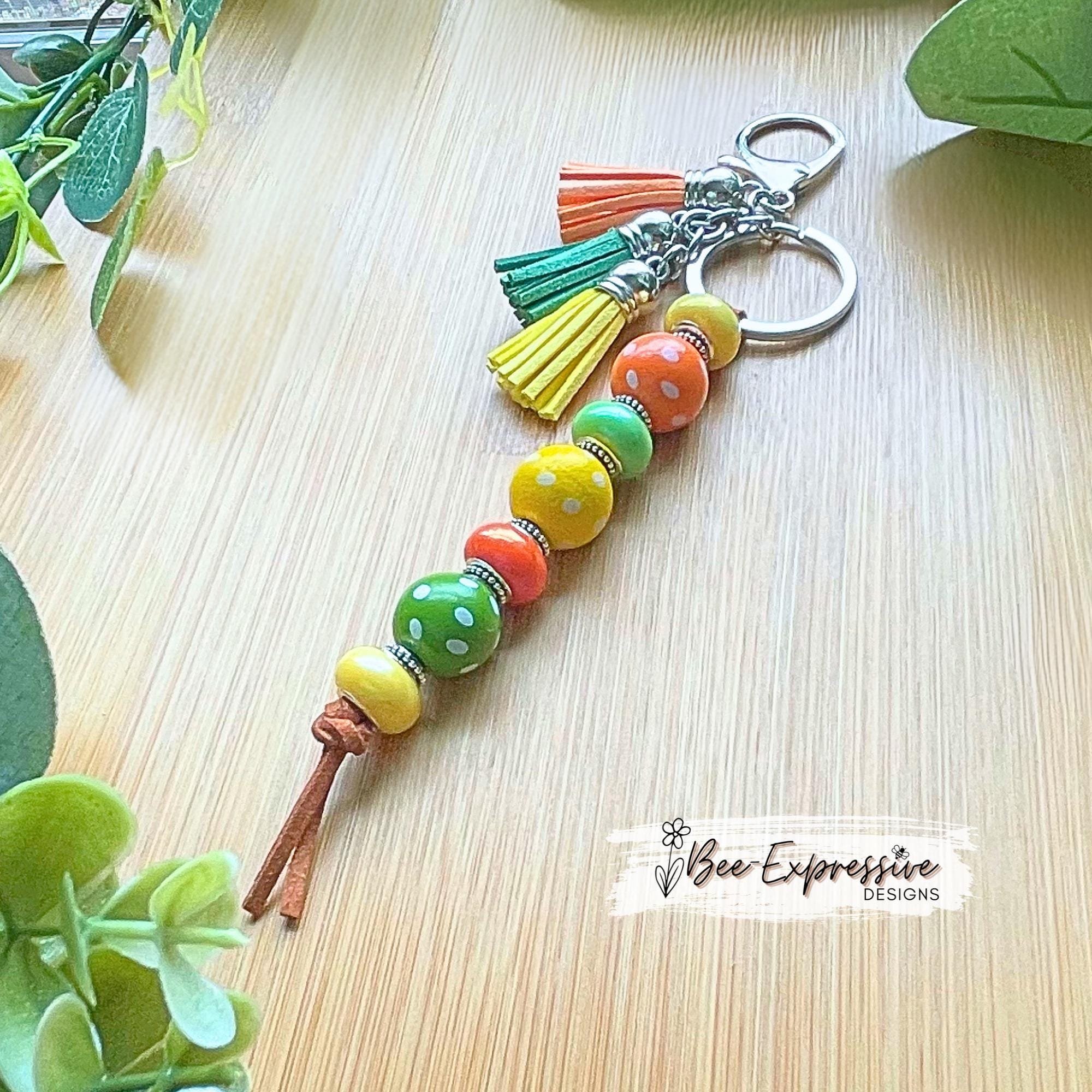 Beaded, colorful, keychain! Lobster clasp, keyring, suede cord, polka dot wood beads, large holed acrylic beads, silver spacers, tassels!