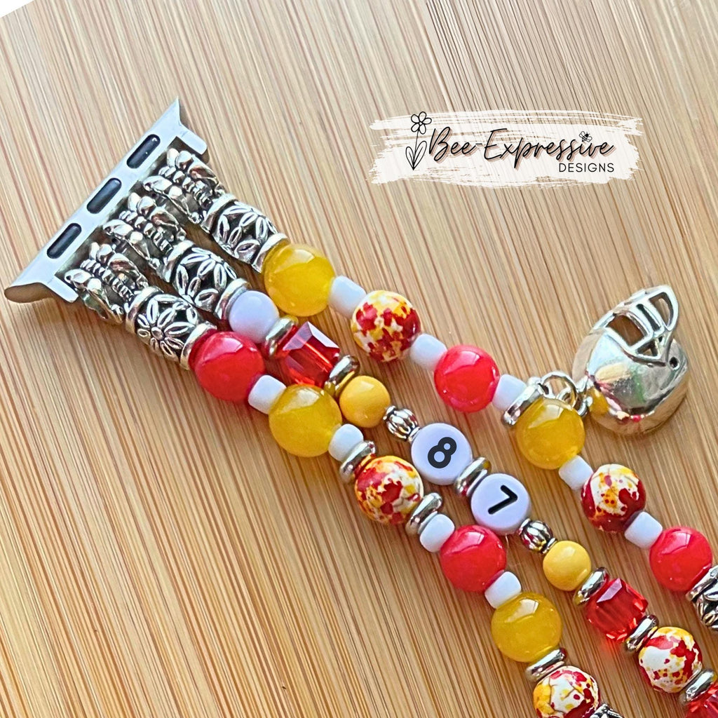 Handmade, beaded, KC or school football watch bracelet! Acrylic & glass beads, 3 football charms, custom sizes, adapters, and jersey #s!