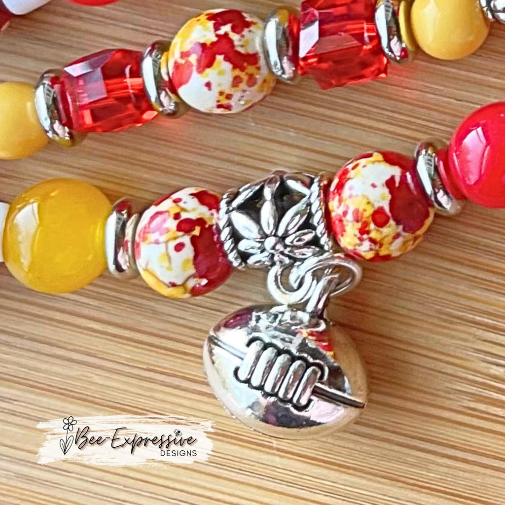 Handmade, beaded, KC or school football watch bracelet! Acrylic & glass beads, 3 football charms, custom sizes, adapters, and jersey #s!