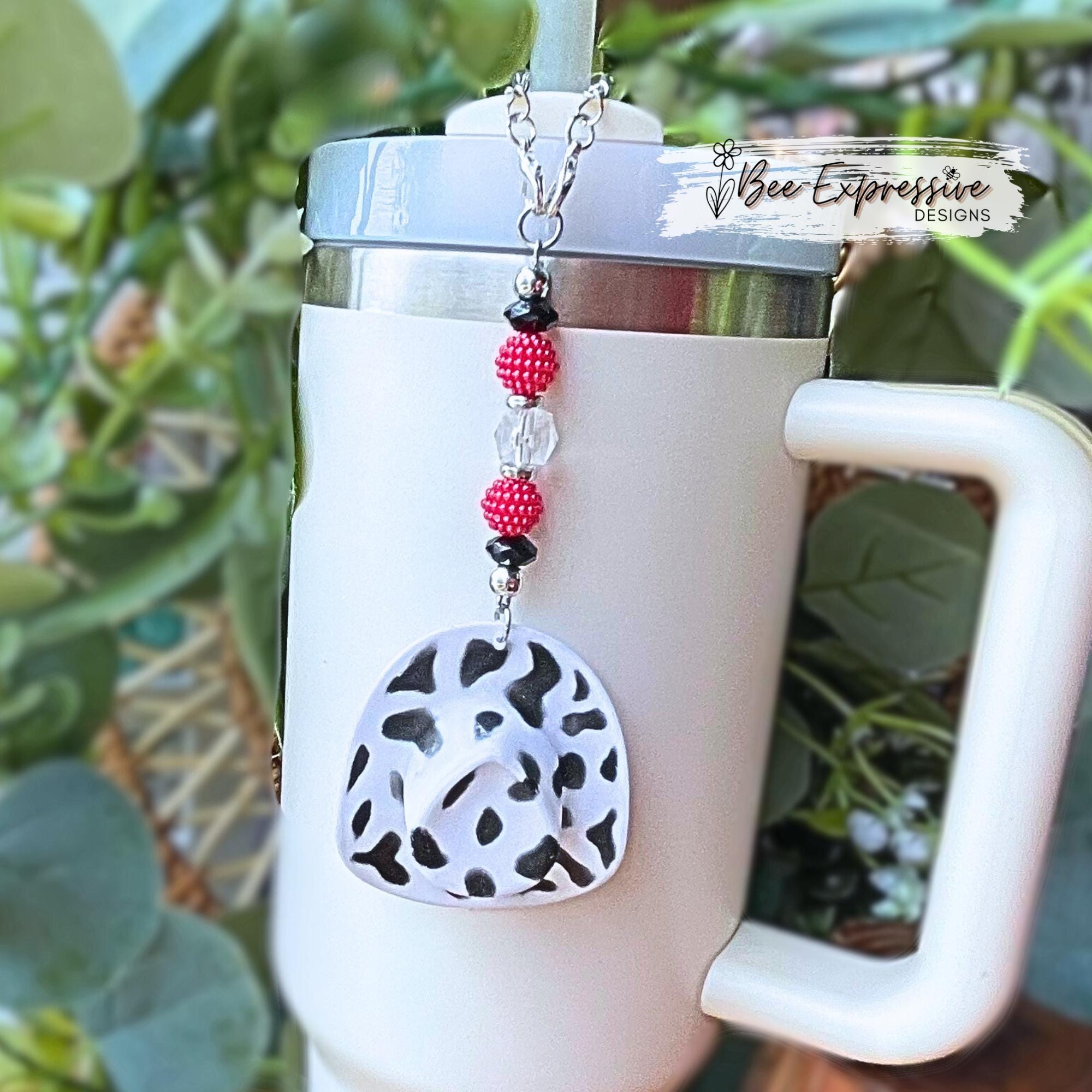 Handmade, beaded, tumbler straw charm chain for Stanley cups or rear view mirror! Bayberry beads, silver spacers, cowgirl hat, lobster claps
