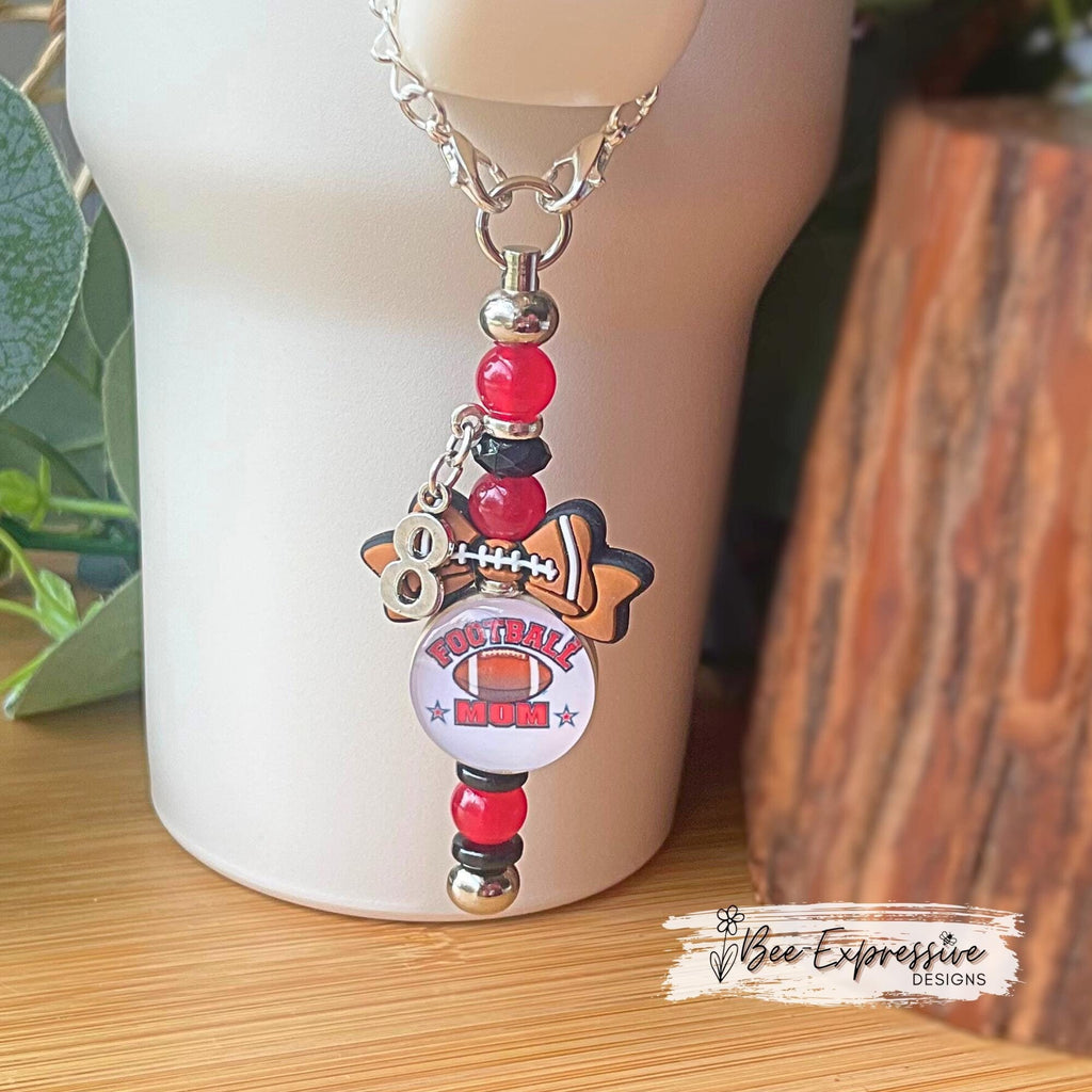 Handmade, beaded, FOOTBALL MOM tumbler charm chain or keychain! Metal bar, cabochon, customized colors & jersey number, football bow!