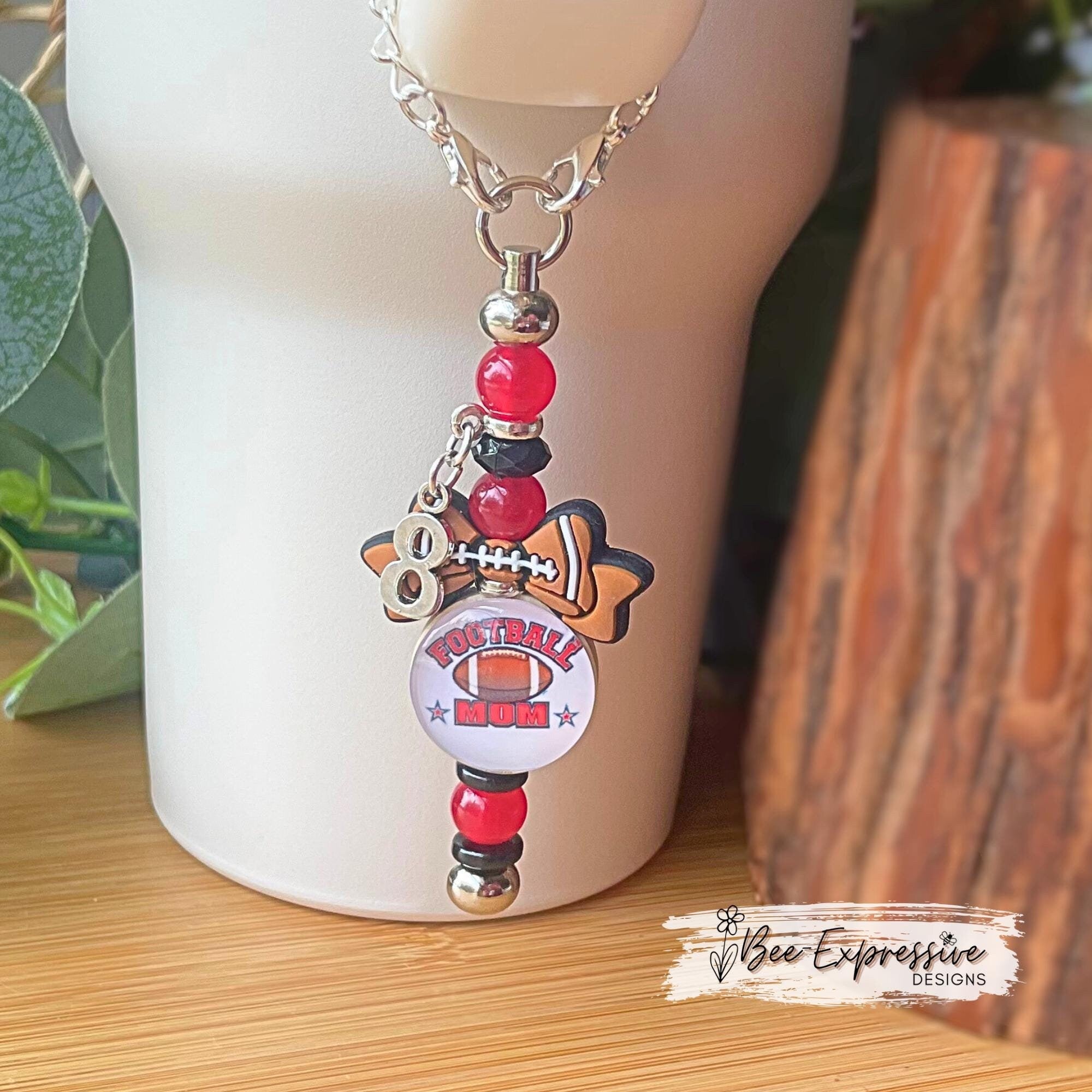 Handmade, beaded, FOOTBALL MOM tumbler charm chain or keychain! Metal bar, cabochon, customized colors & jersey number, football bow!