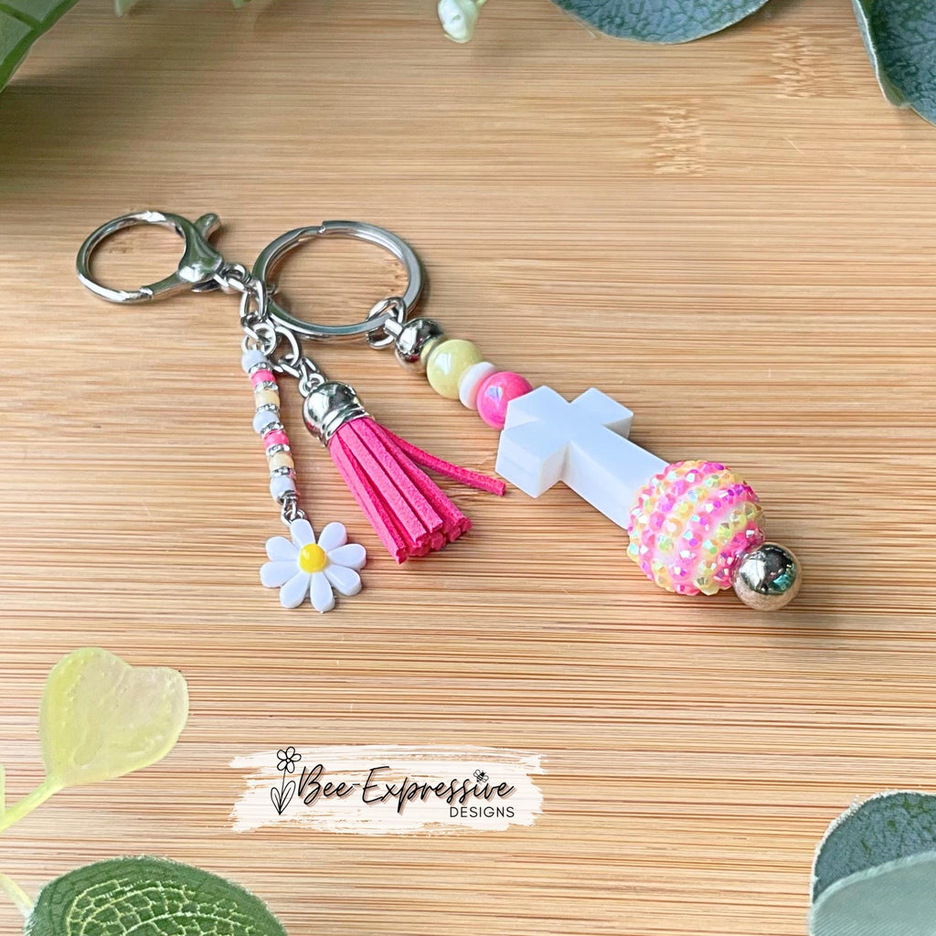 Handmade, beaded, CROSS keychain! Lobster or swivel clasp, keyring, acrylic beads, chunky rhinestone bead, beaded tassel, daisy flower charm