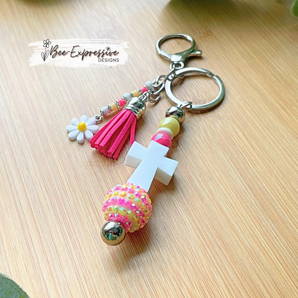 Handmade, beaded, CROSS keychain! Lobster or swivel clasp, keyring, acrylic beads, chunky rhinestone bead, beaded tassel, daisy flower charm