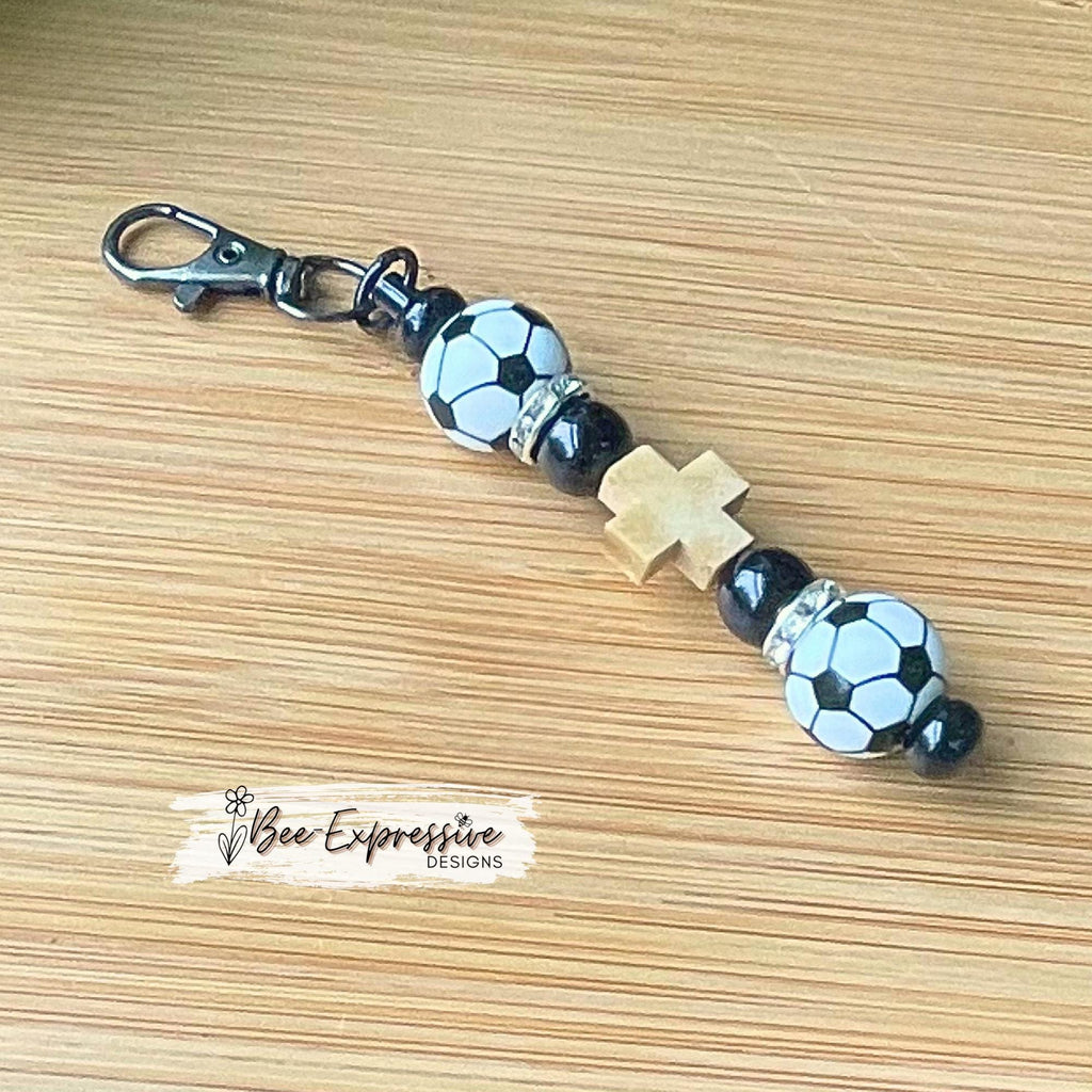 Handmade, silicone SOCCER keychain!  Swivel clasp, bead bar, soccer ball beads, wood cross bead, round acrylic beads, rhinestone spacers