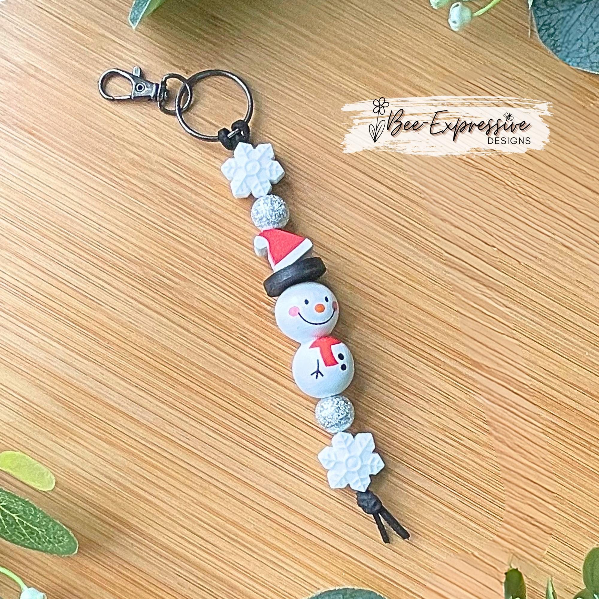 Handmade Christmas Snowman Keychain: Wood Beads, Snowflake Charm