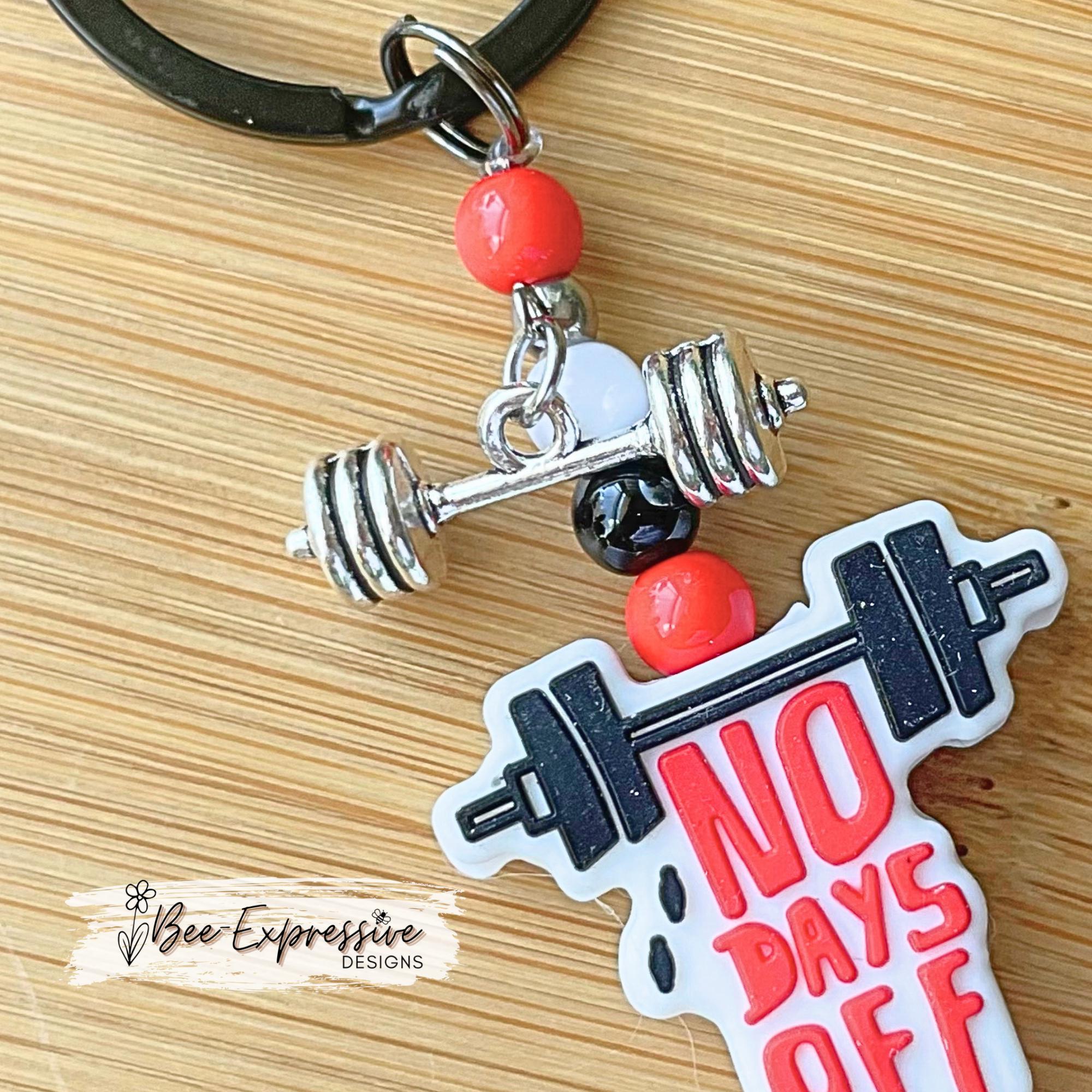Handmade and unique, WEIGHTLIFTING, work out keychain!  Black lobster clasp, keyring, silicone focal bead, dumbbell charm, acrylic beads