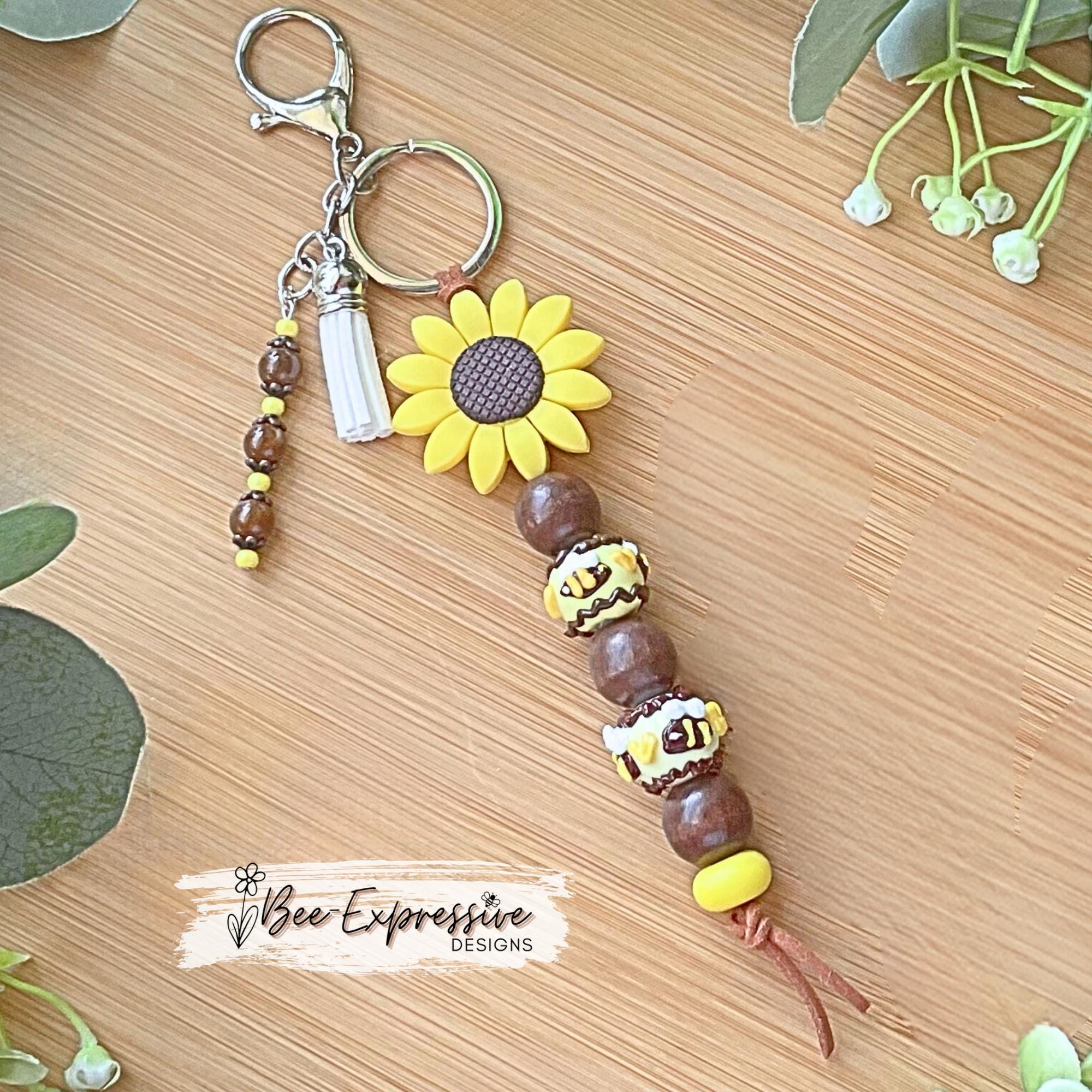 Handmade Sunflower Bee Keychain: Beaded Acrylic Tassel, Suede Cord