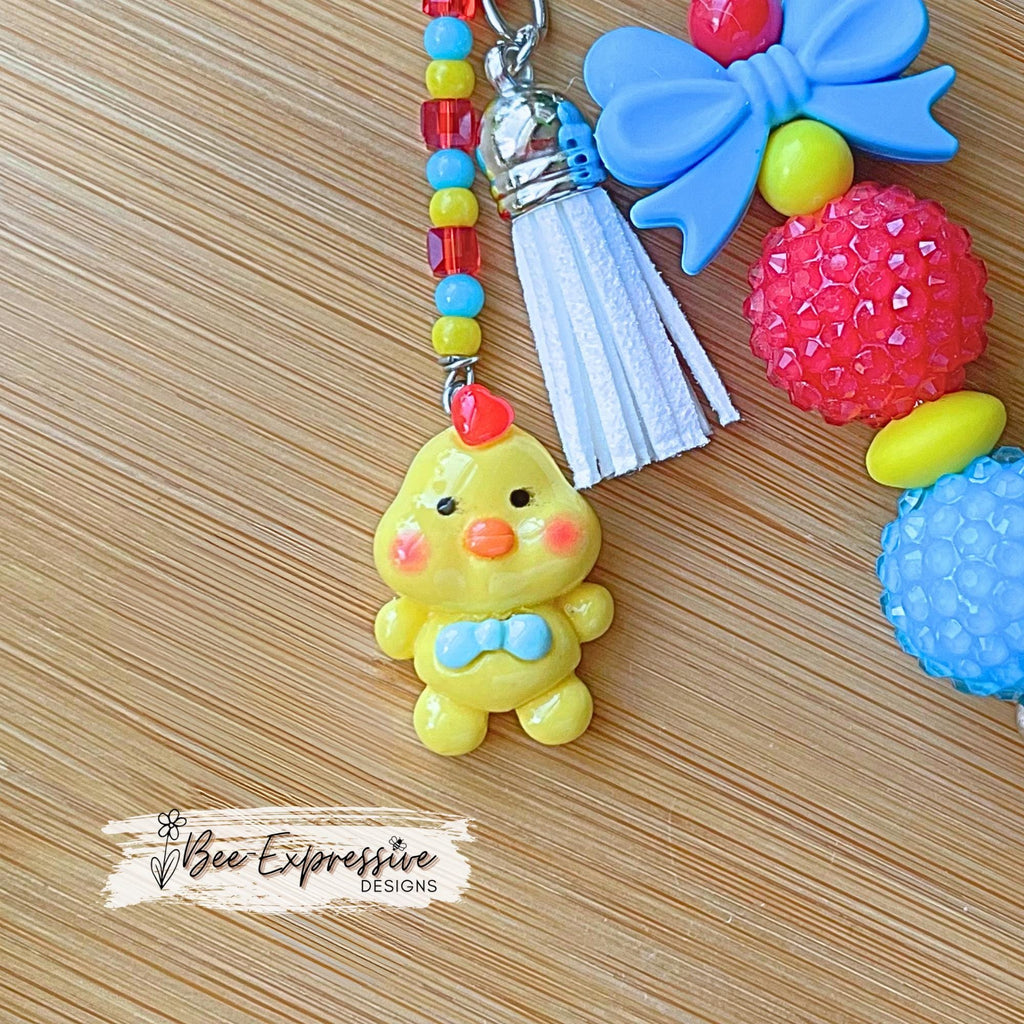 CHUNKY beaded, chicken charm, keychain! Lobster or swivel clasp, bead bar, silicone bow, beaded tassel, acrylic chicken charm!