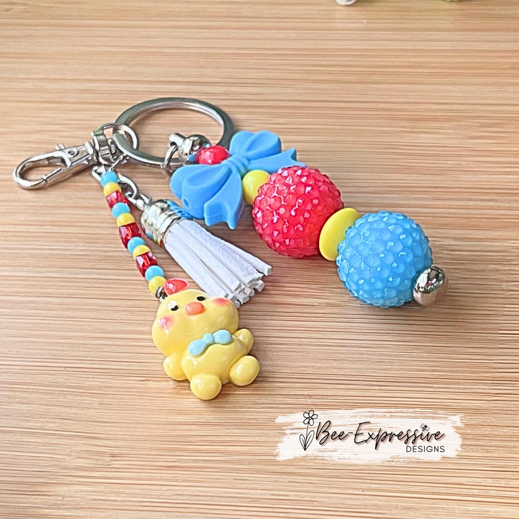 CHUNKY beaded, chicken charm, keychain! Lobster or swivel clasp, bead bar, silicone bow, beaded tassel, acrylic chicken charm!