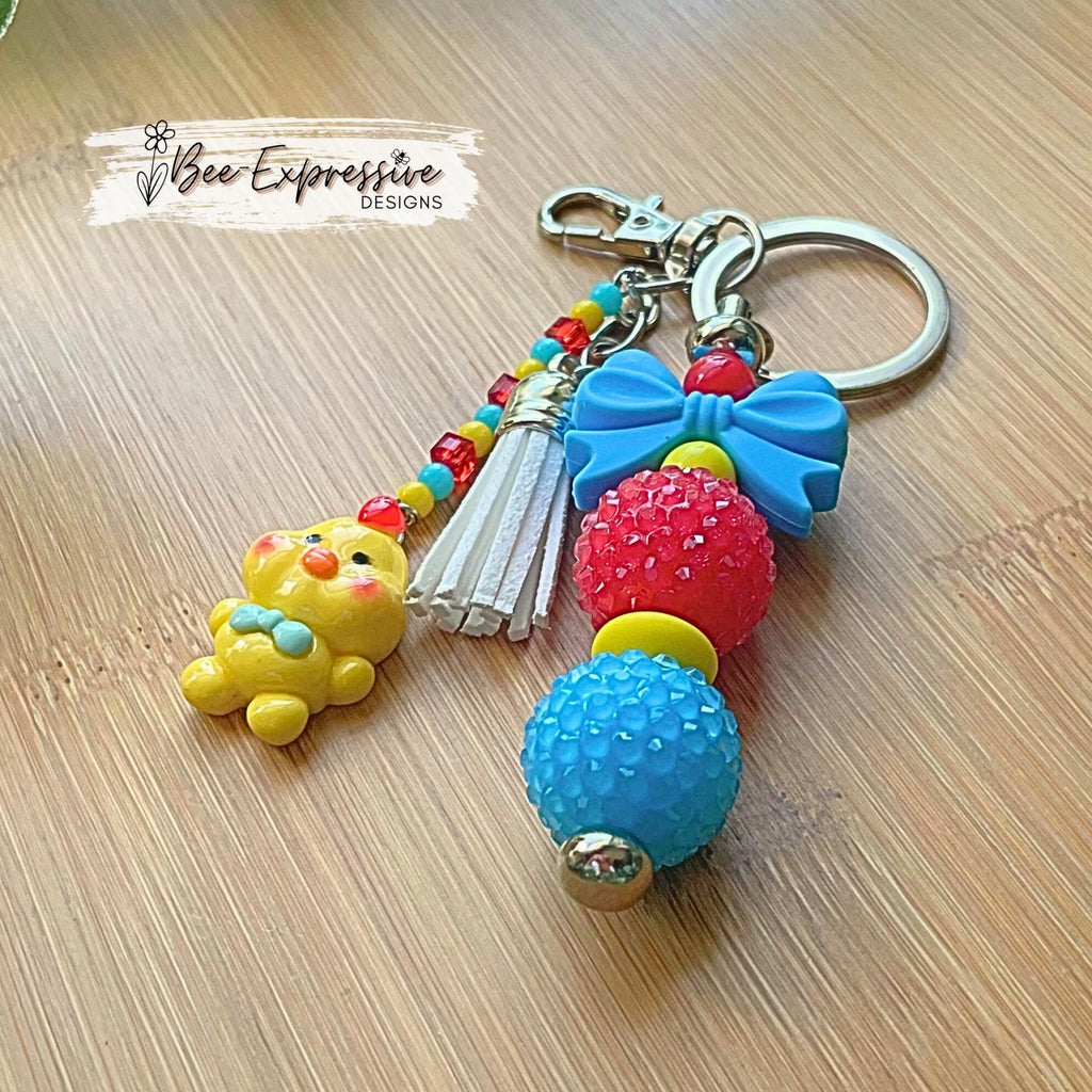 CHUNKY beaded, chicken charm, keychain! Lobster or swivel clasp, bead bar, silicone bow, beaded tassel, acrylic chicken charm!